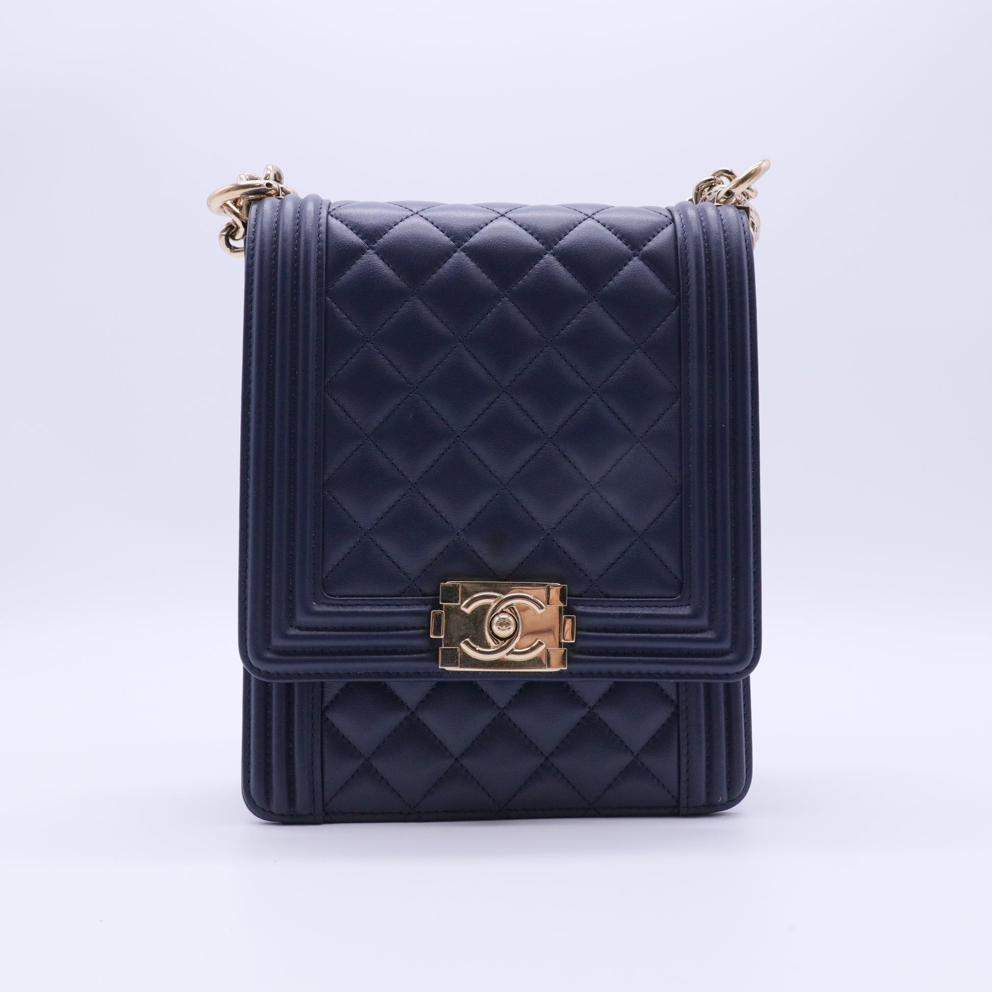 Calfskin Quilted North South Boy Flap Navy twins