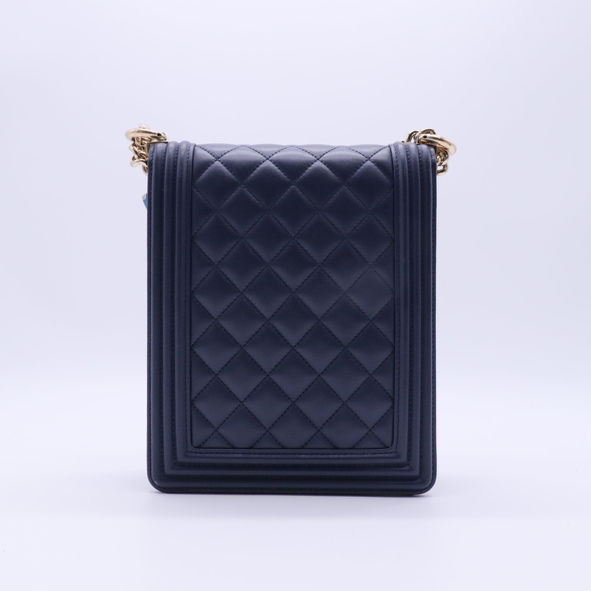 Calfskin Quilted North South Boy Flap Navy twins