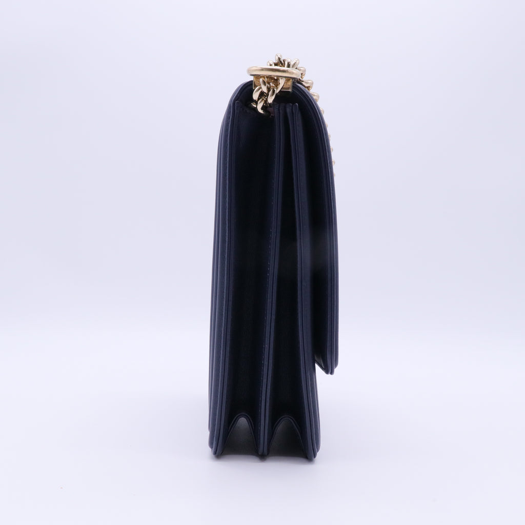 Calfskin Quilted North South Boy Flap Navy twins