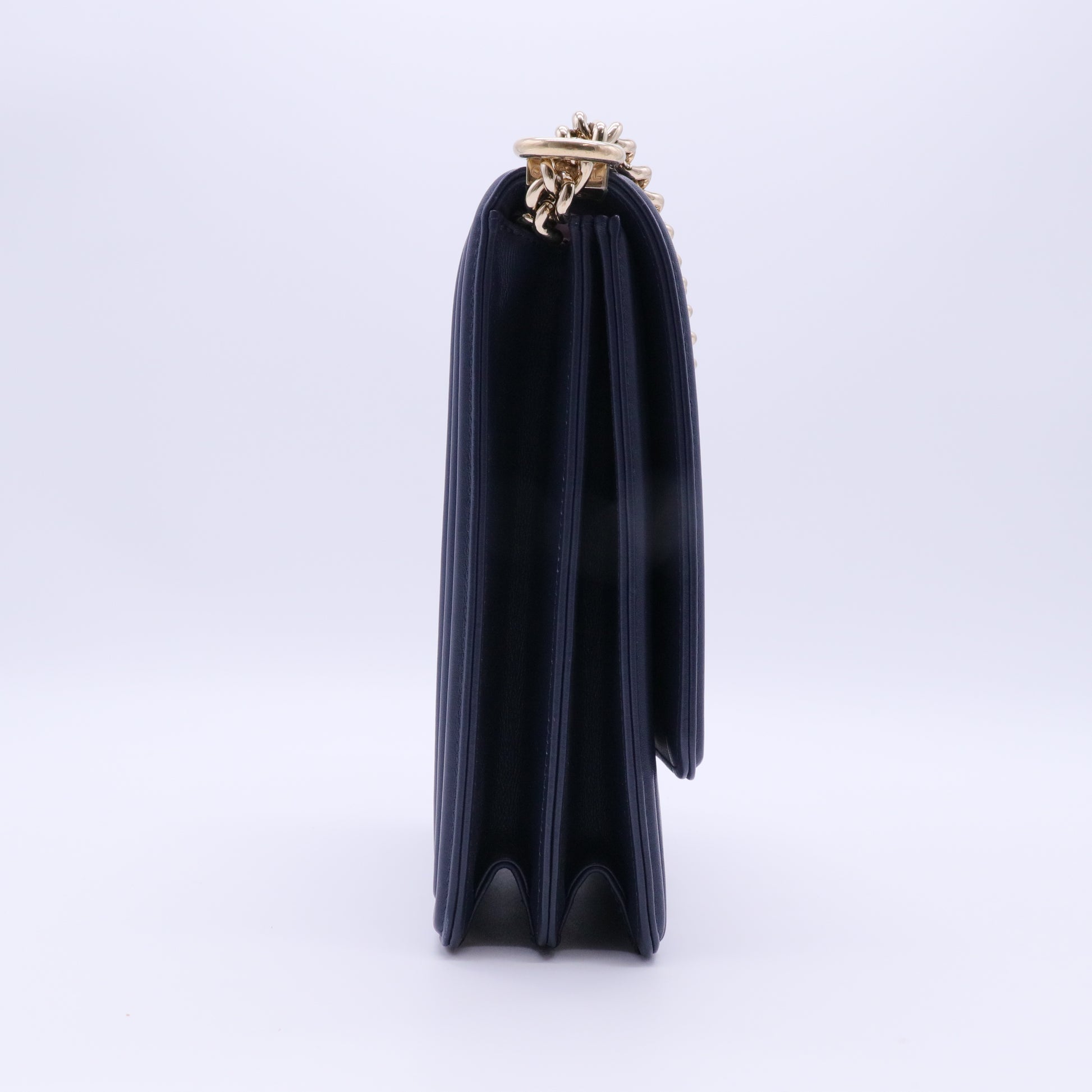 Calfskin Quilted North South Boy Flap Navy twins