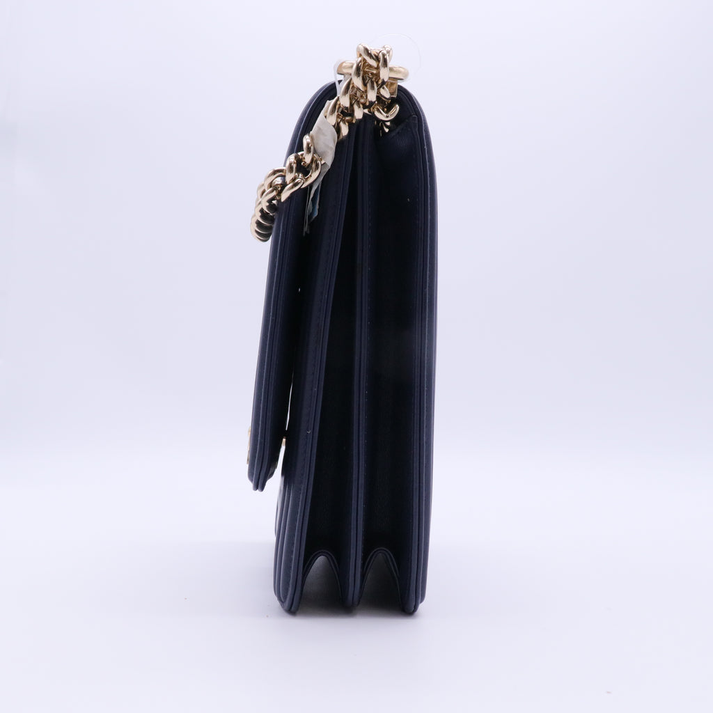 Calfskin Quilted North South Boy Flap Navy twins