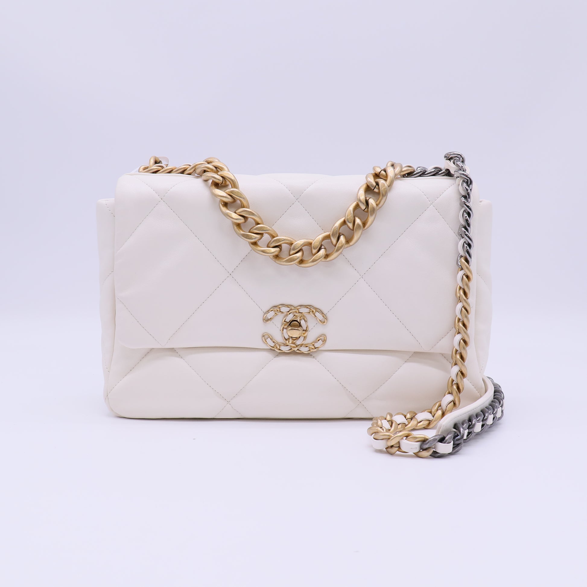 Chanel Lambskin Quilted Medium Chanel 19 Flap White twins B21978