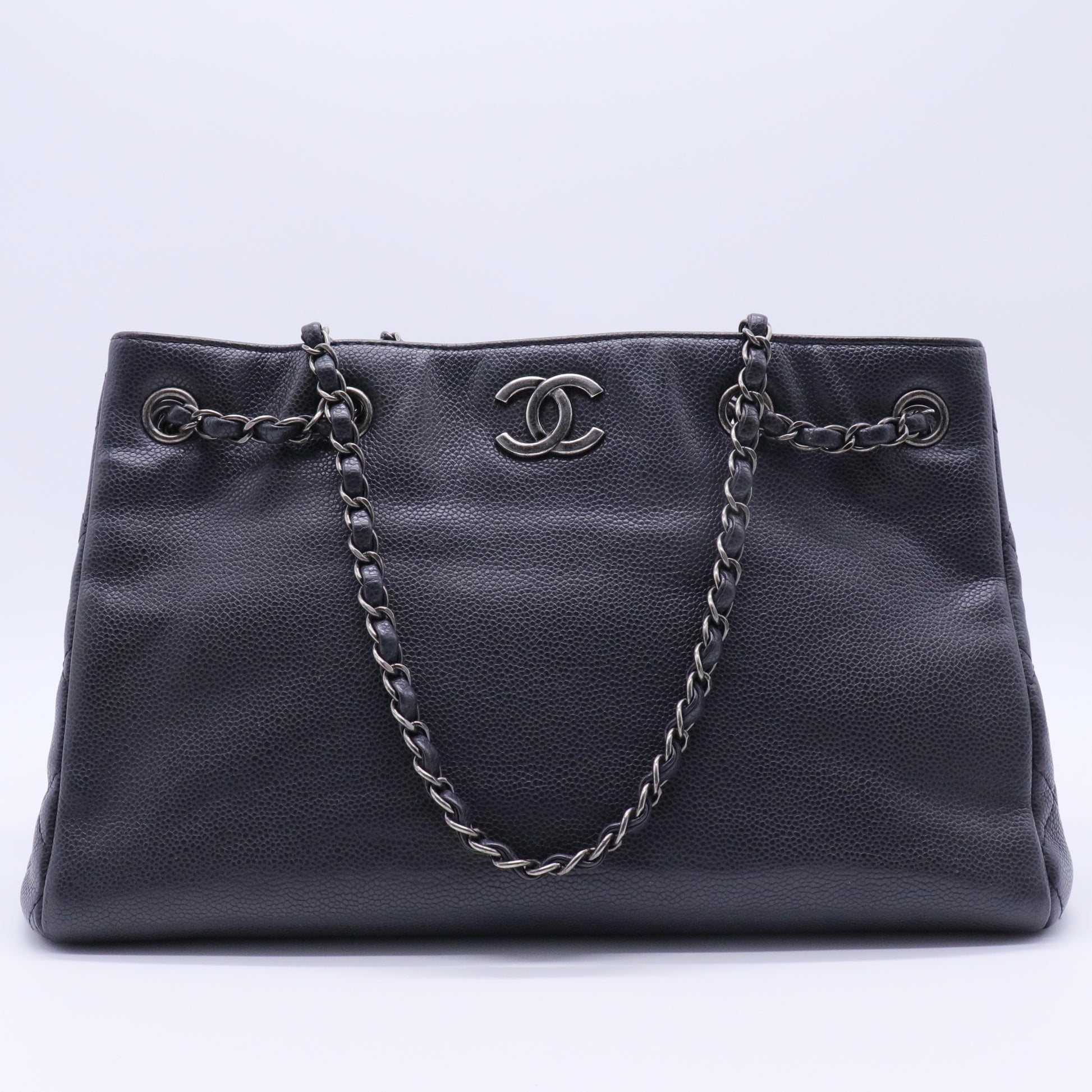 Woven Chain Shopping Tote Caviar Medium Twins