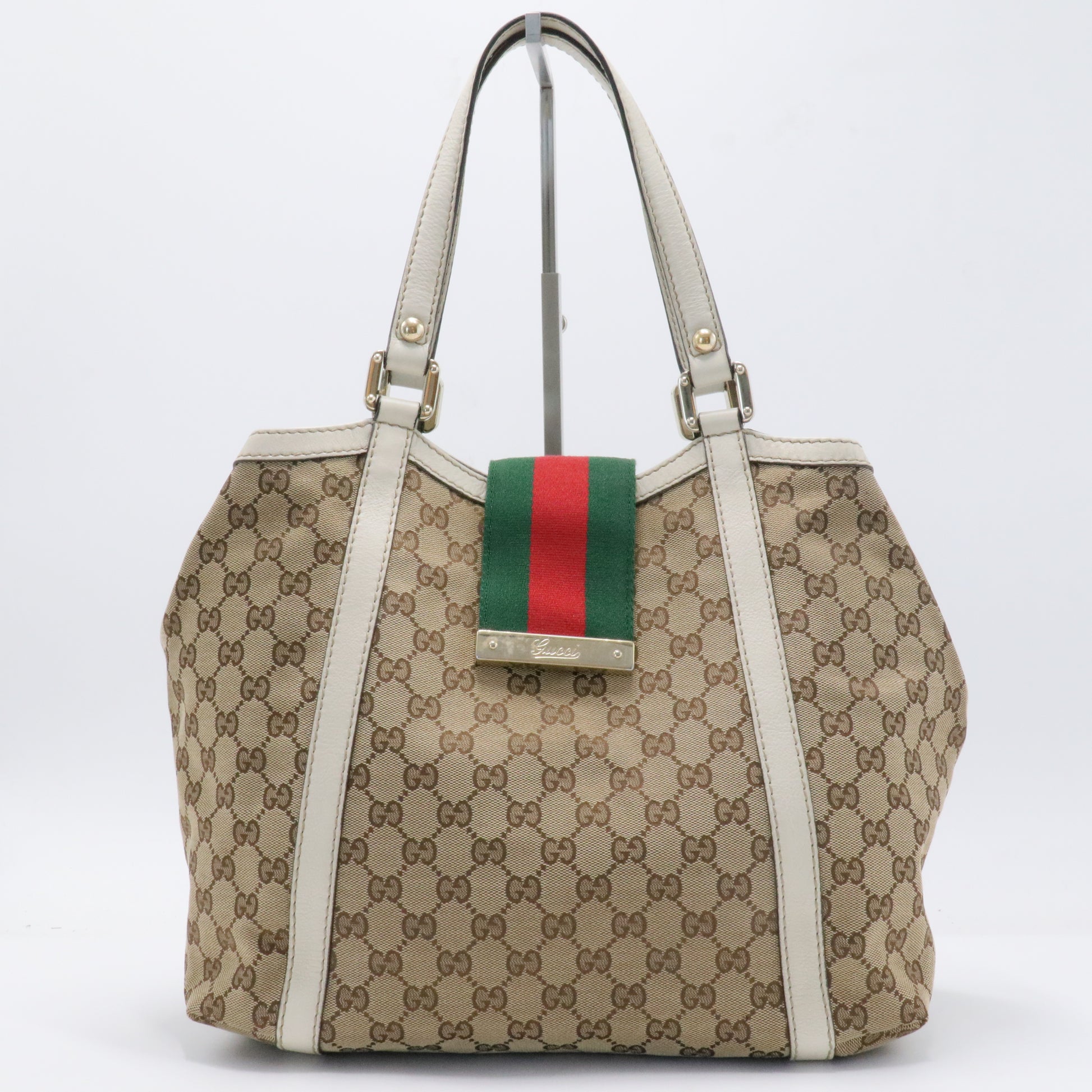 Gucci Beige Monogram Canvas & Leather Trim GG Web Medium Tote