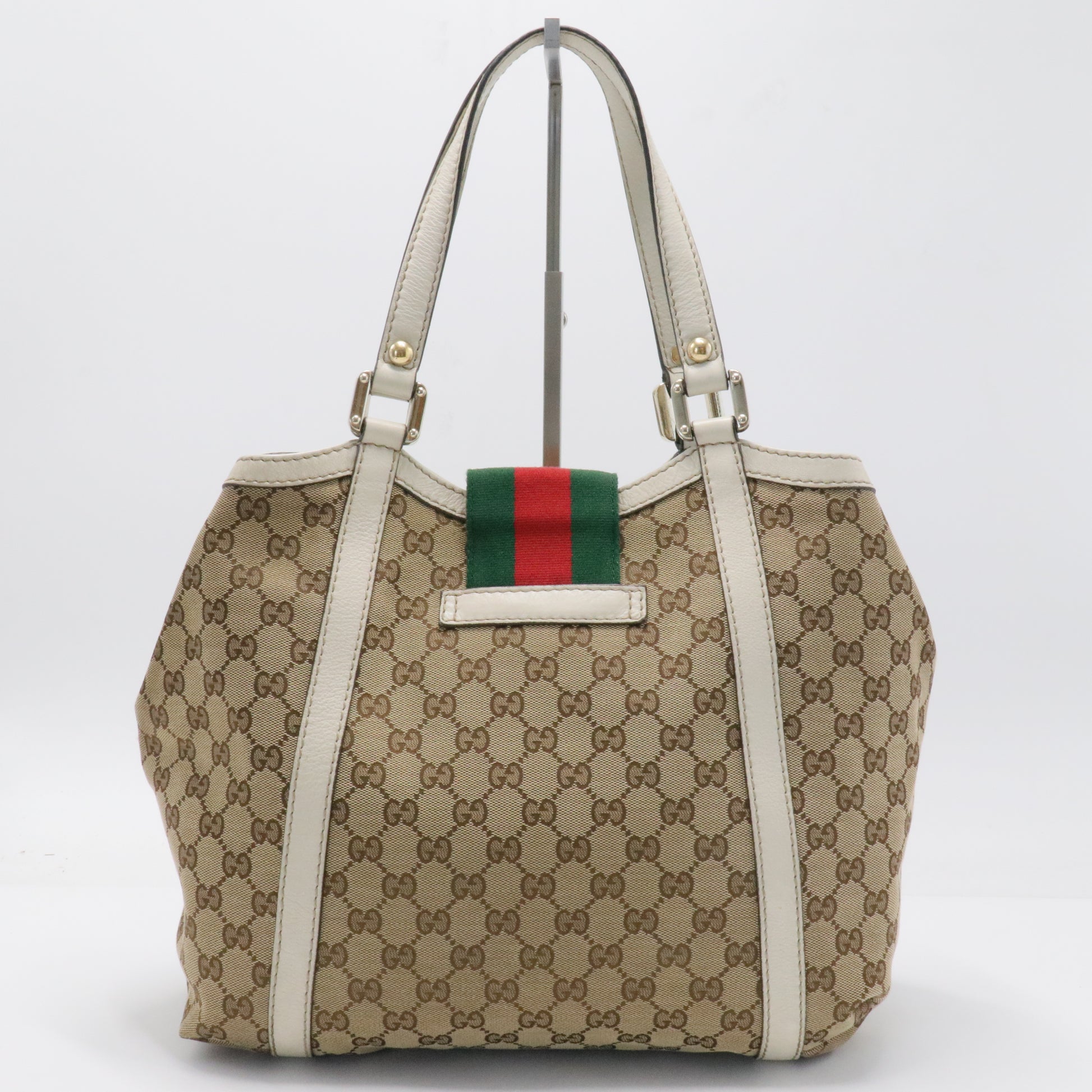 Gucci Beige Monogram Canvas & Leather Trim GG Web Medium Tote