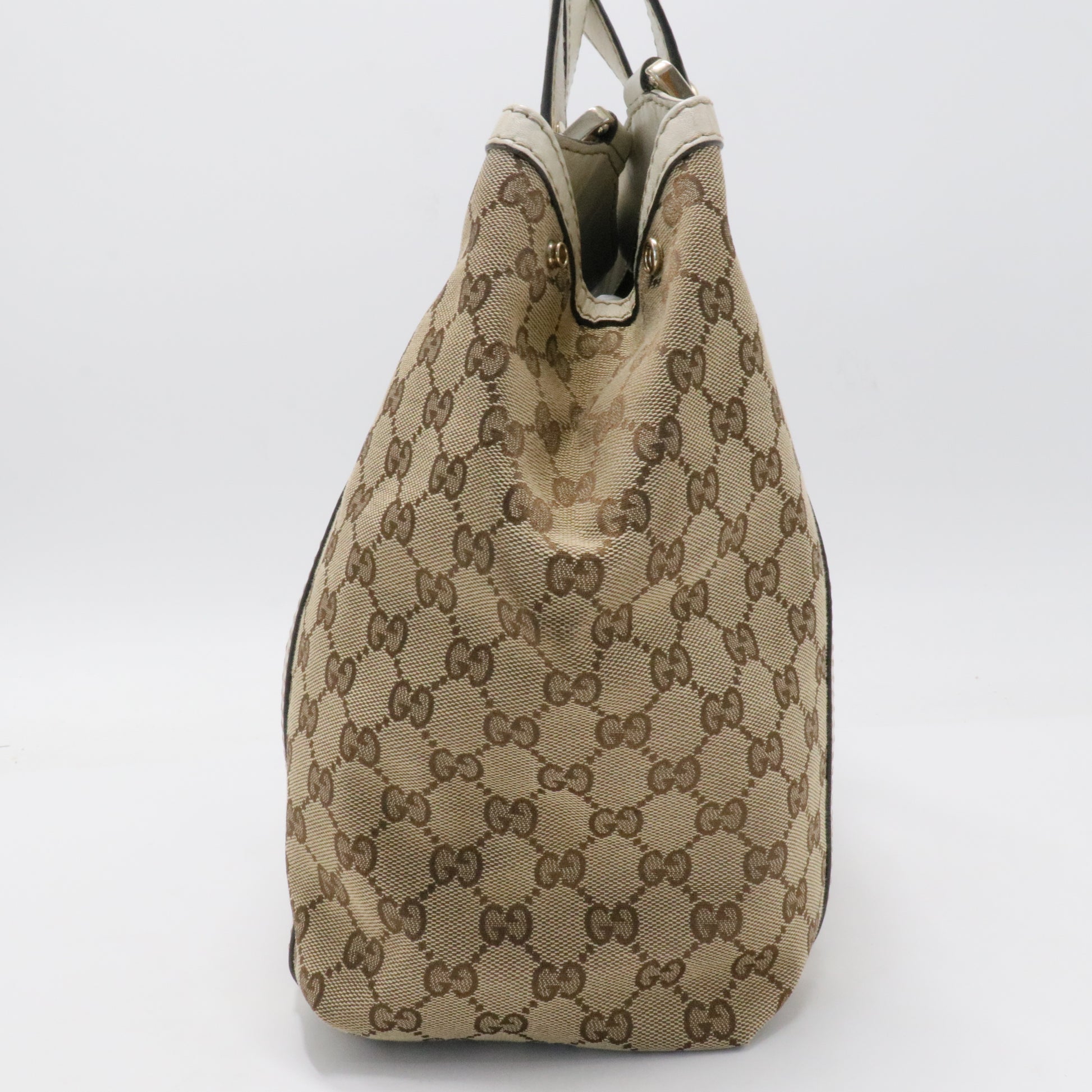 Gucci Beige Monogram Canvas & Leather Trim GG Web Medium Tote