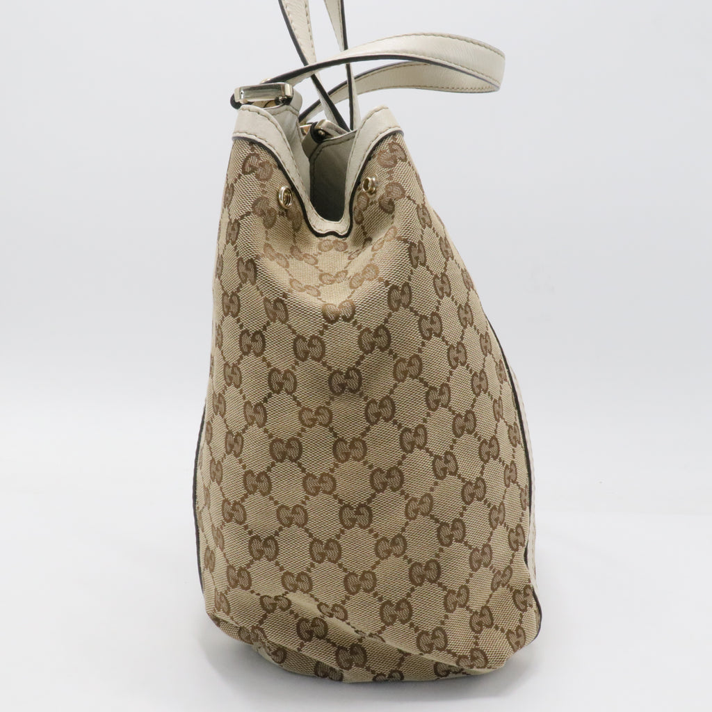 Gucci Beige Monogram Canvas & Leather Trim GG Web Medium Tote