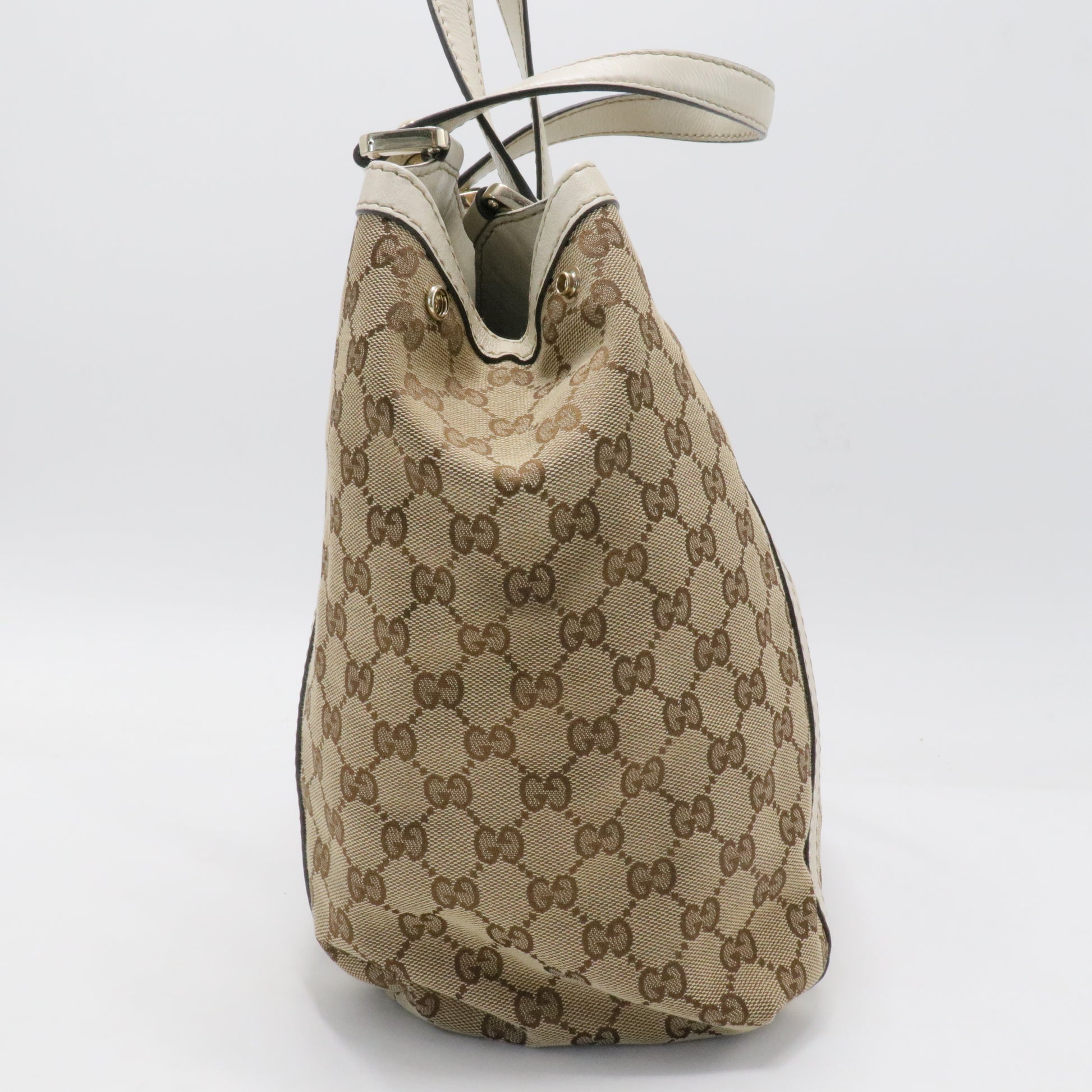 Gucci Beige Monogram Canvas & Leather Trim GG Web Medium Tote