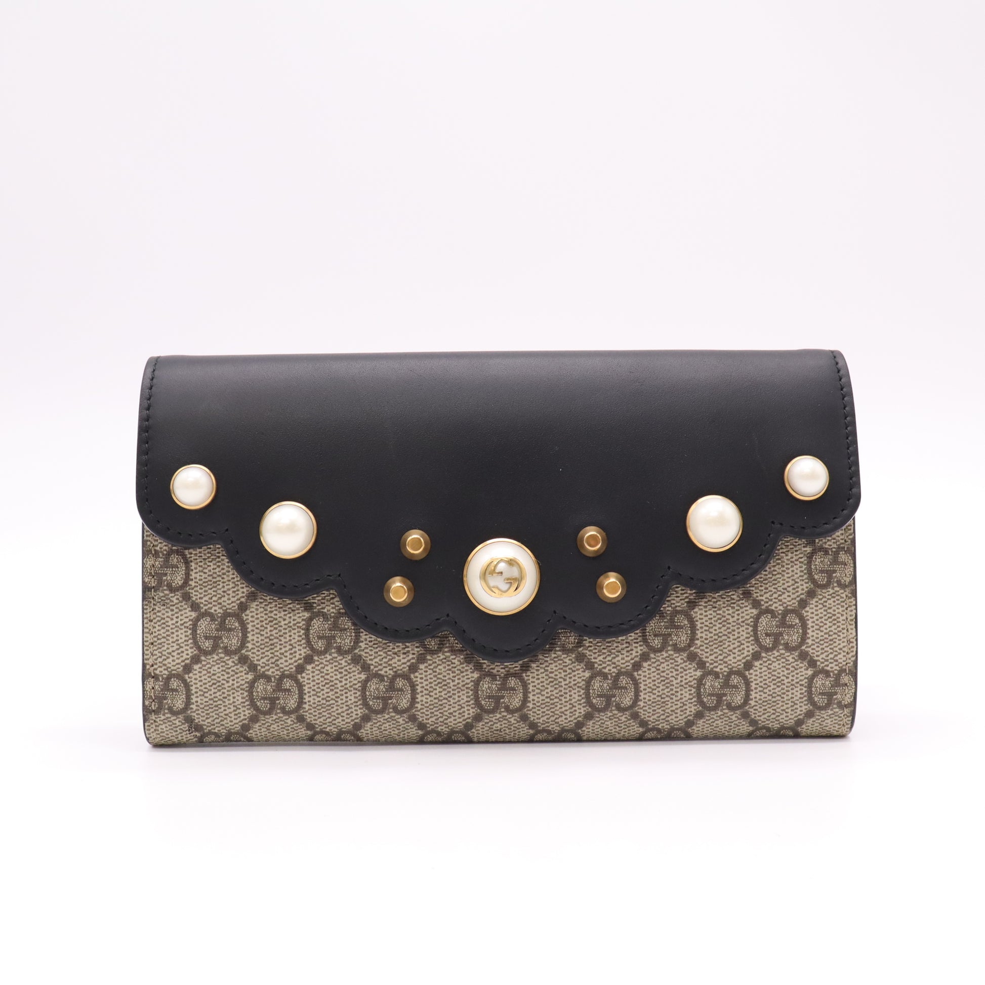 Gucci GG Supreme Canvas Pearl Studded Peony Continental Flap Wallet W22281