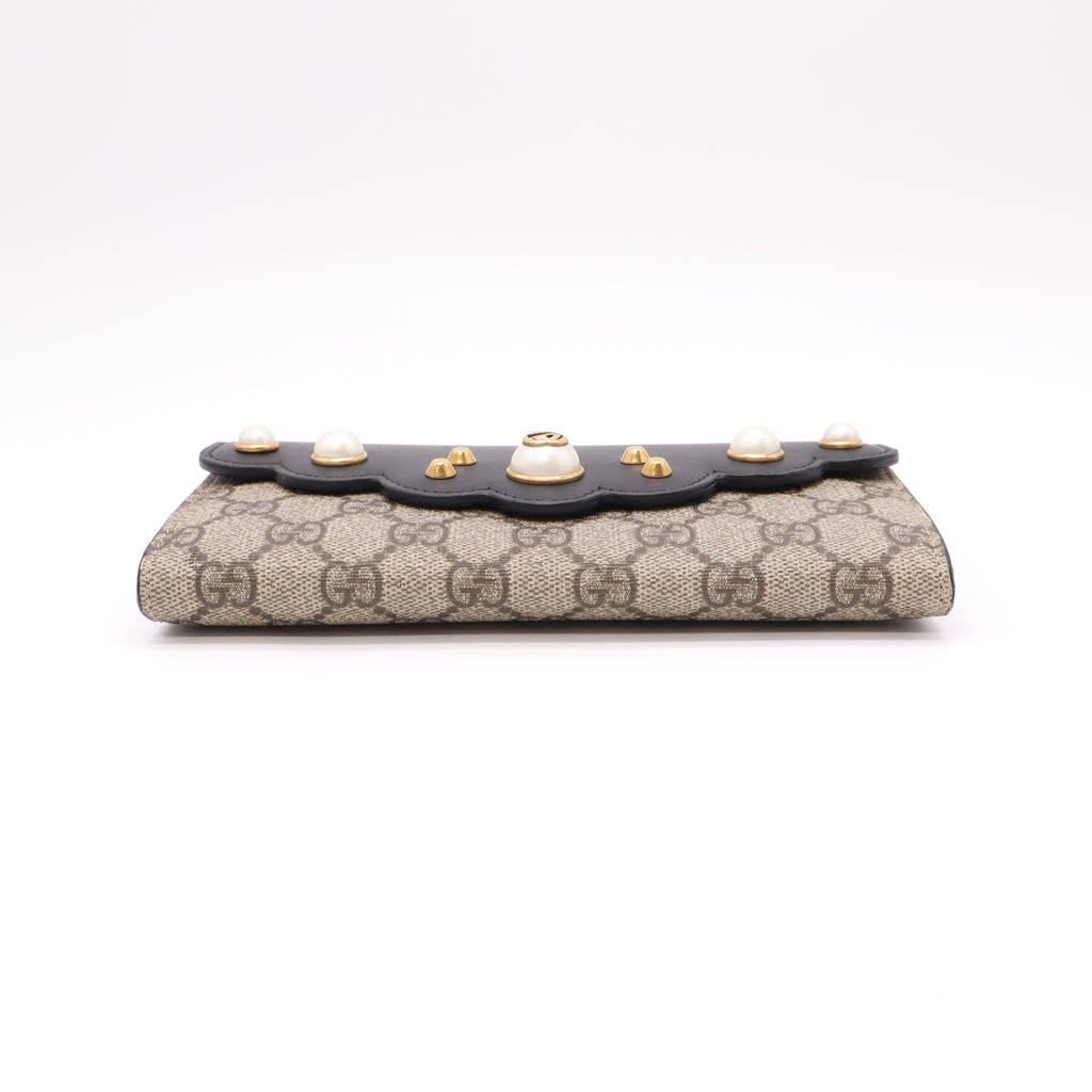 Gucci GG Supreme Canvas Pearl Studded Peony Continental Flap Wallet W22281