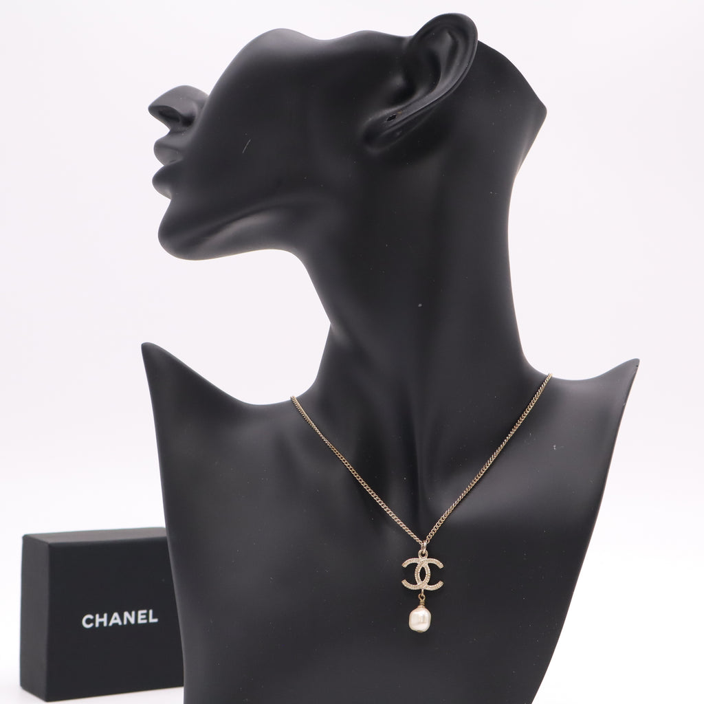Chanel Crystal Rhinestone CC Faux Pearl Drop Pendant Necklace W22249