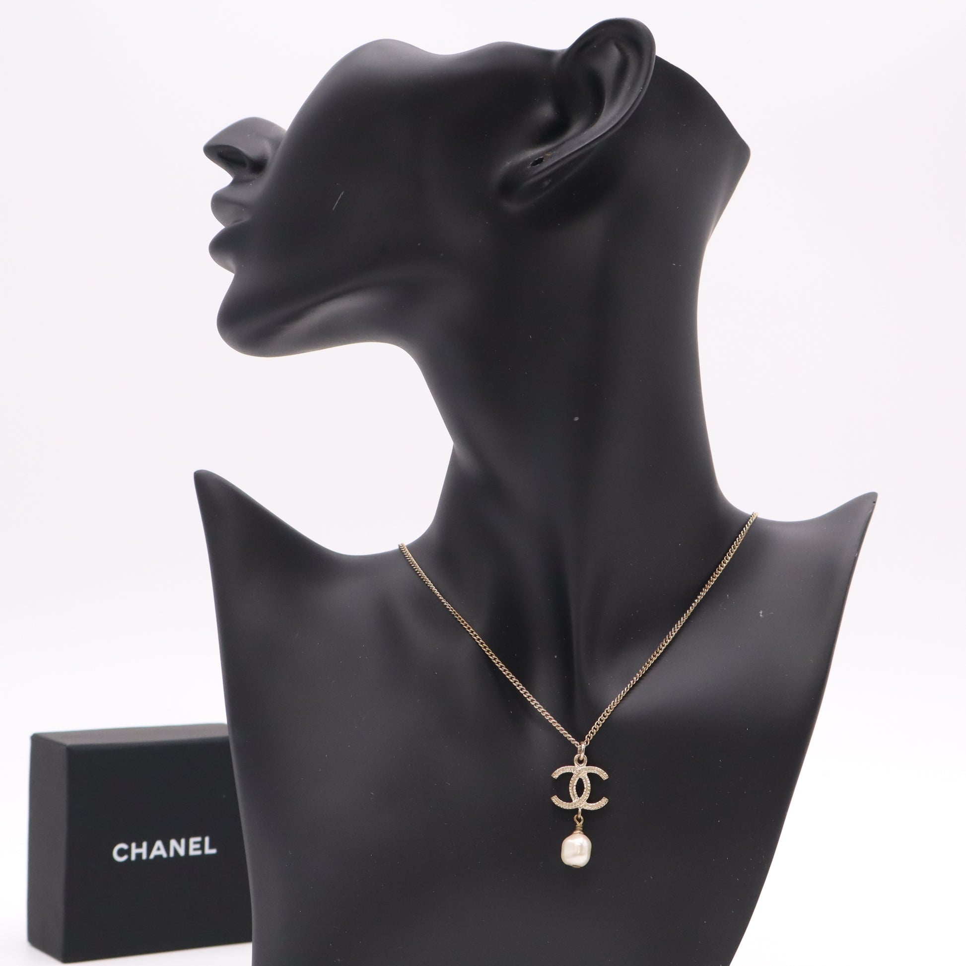Chanel Crystal Rhinestone CC Faux Pearl Drop Pendant Necklace W22249