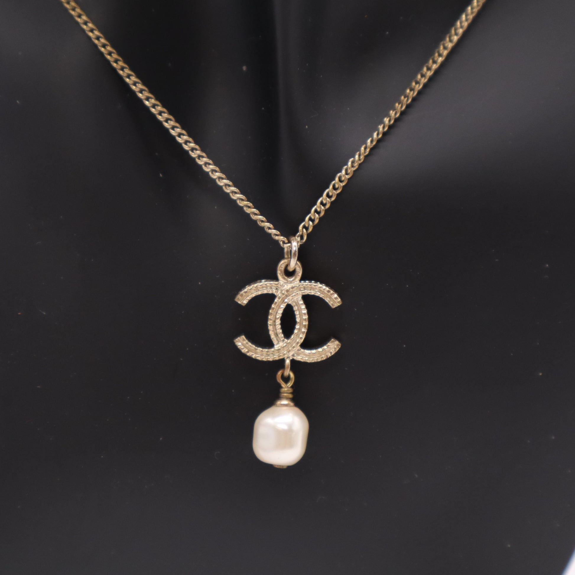Chanel Crystal Rhinestone CC Faux Pearl Drop Pendant Necklace W22249
