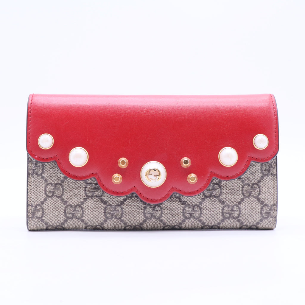 GG Supreme Pearl Studded Long Flap Wallet