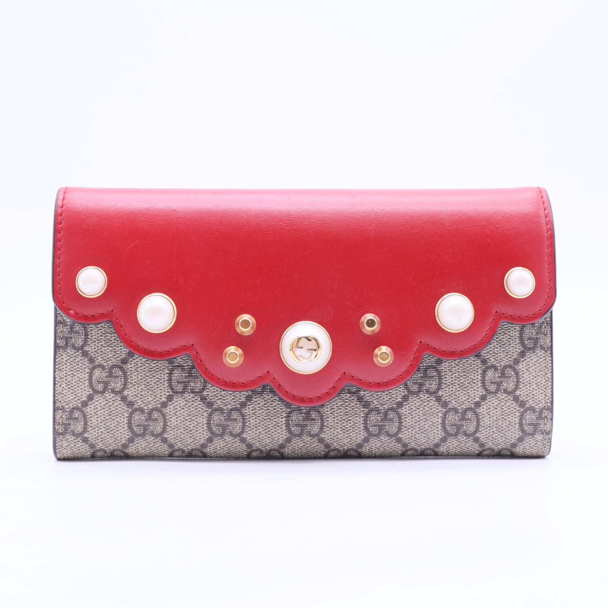 GG Supreme Pearl Studded Long Flap Wallet
