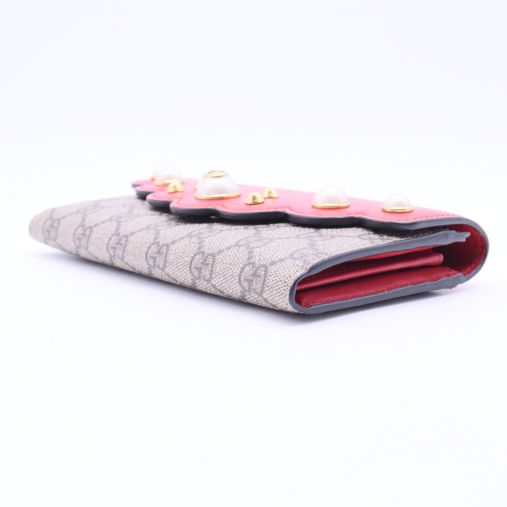 GG Supreme Pearl Studded Long Flap Wallet