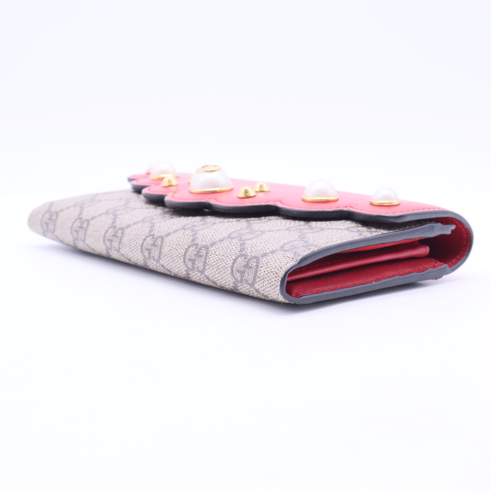 GG Supreme Pearl Studded Long Flap Wallet