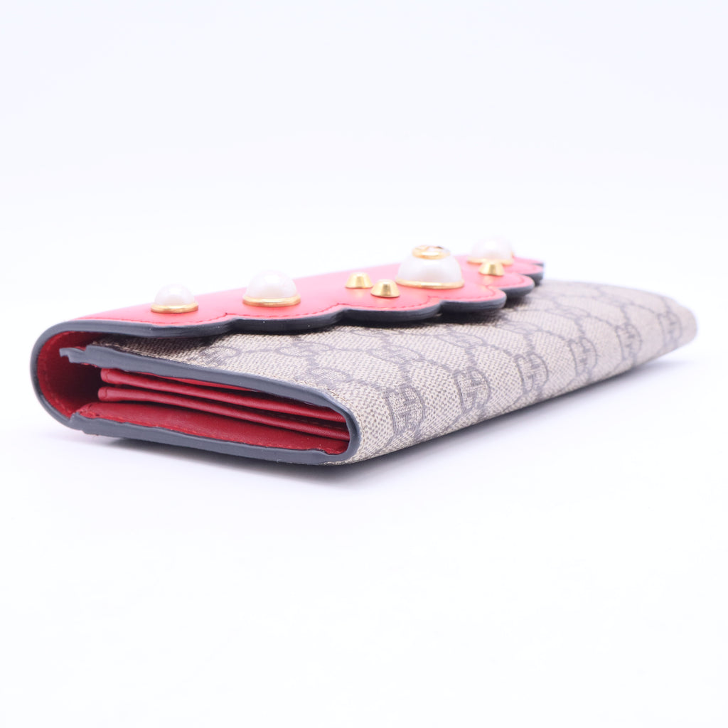 GG Supreme Pearl Studded Long Flap Wallet