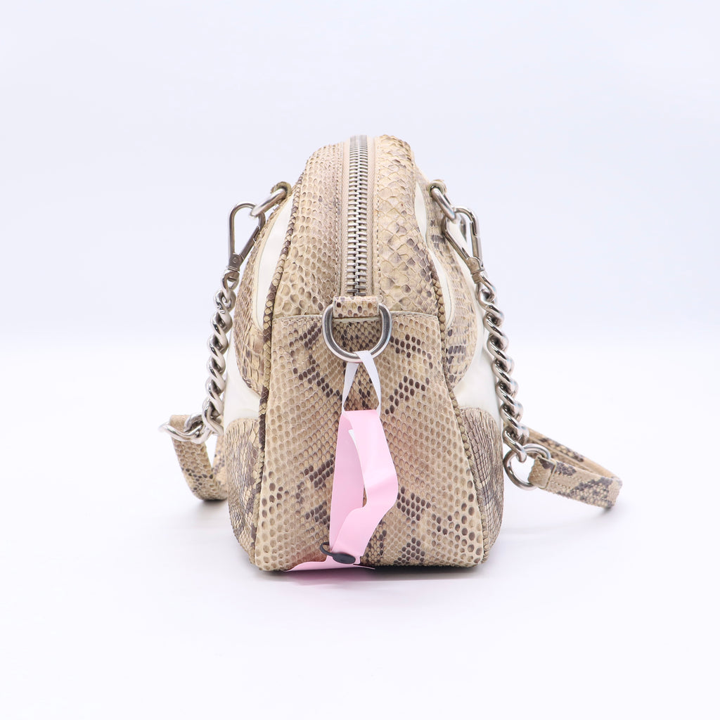 Prada Soft Calfskin/Exotic Bowling Crossbody Bag White Black Twins LDJ3216