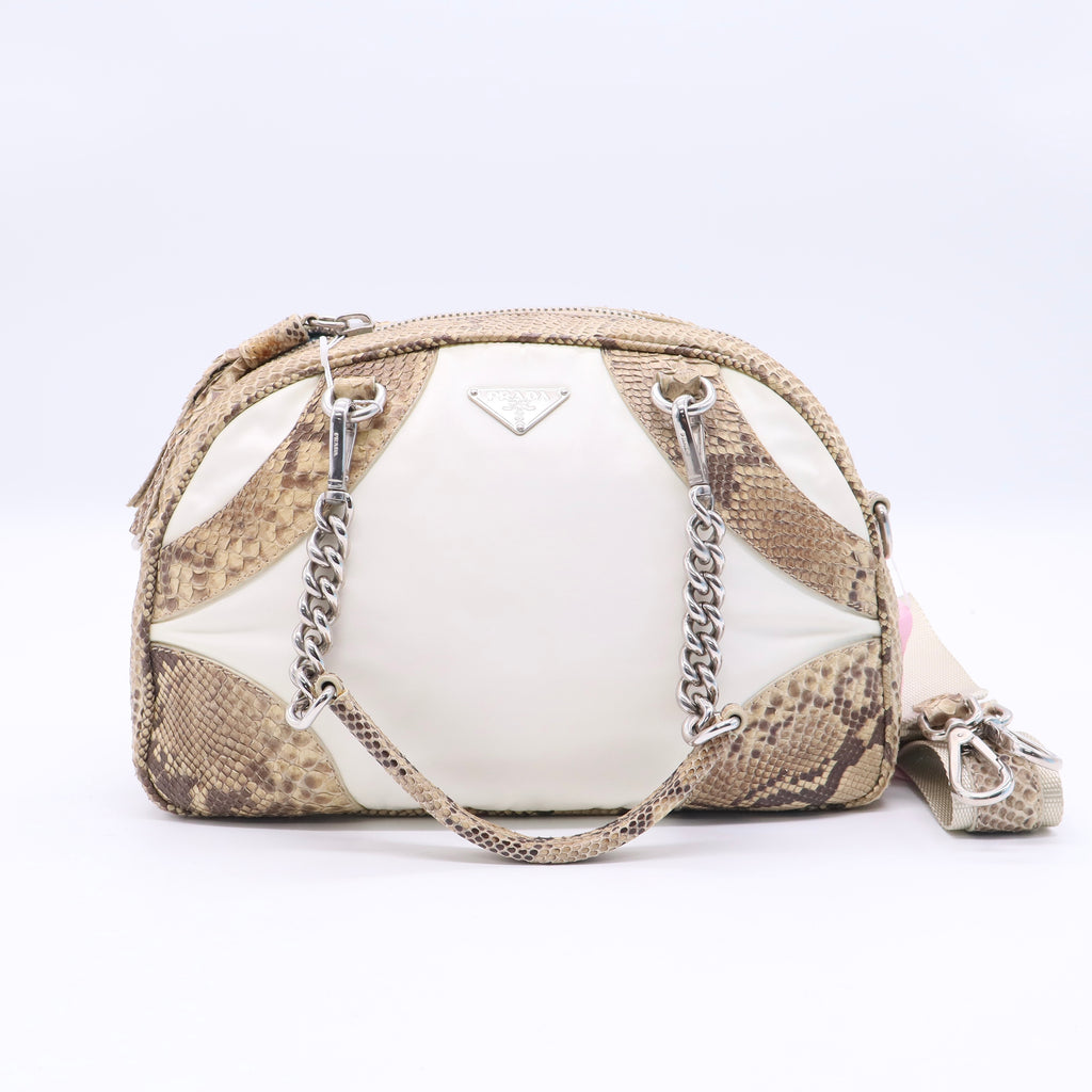 Prada Soft Calfskin/Exotic Bowling Crossbody Bag White Black Twins LDJ3216