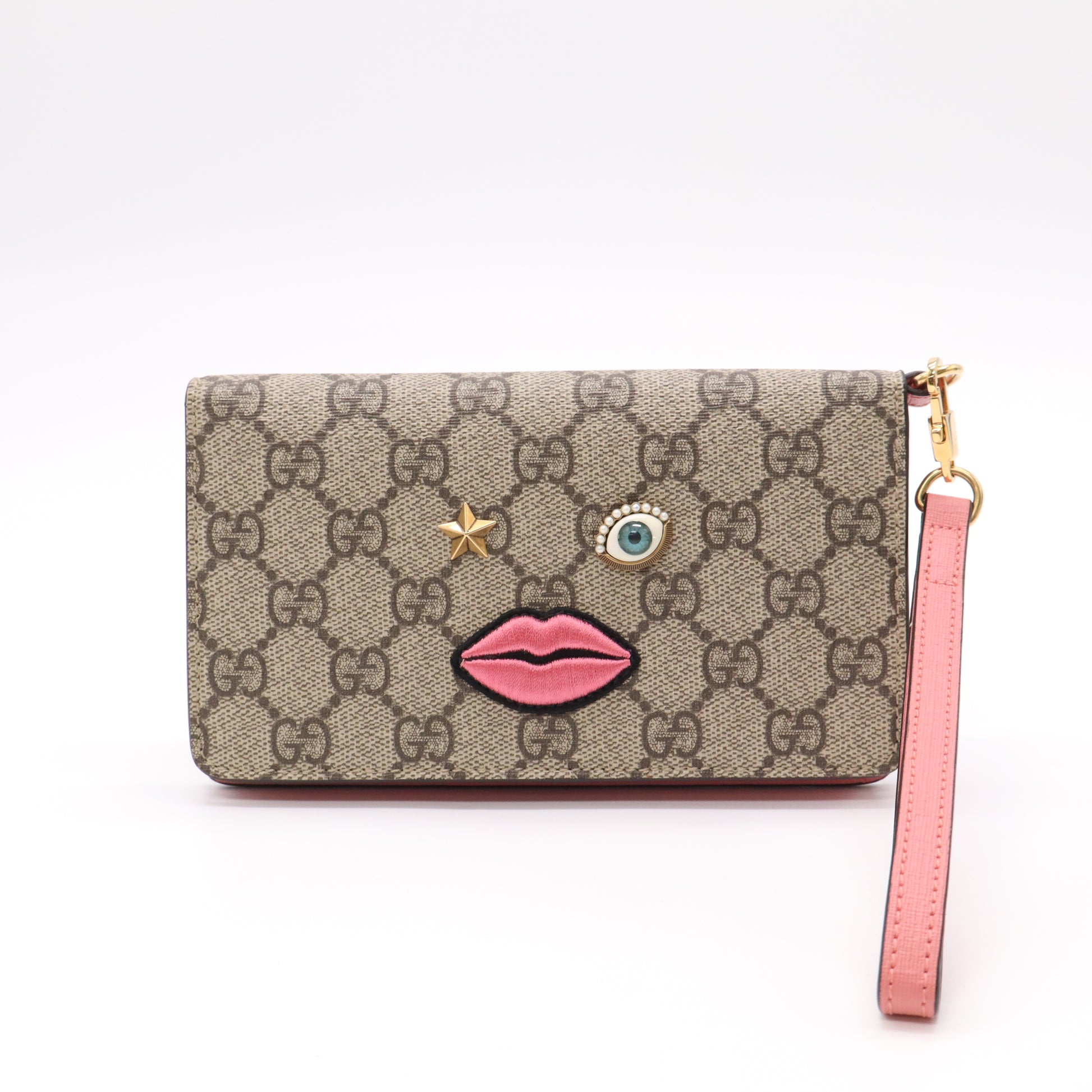 Gucci GG Supreme Monogram Embroidered Face Chain Wristlet Wallet W22283