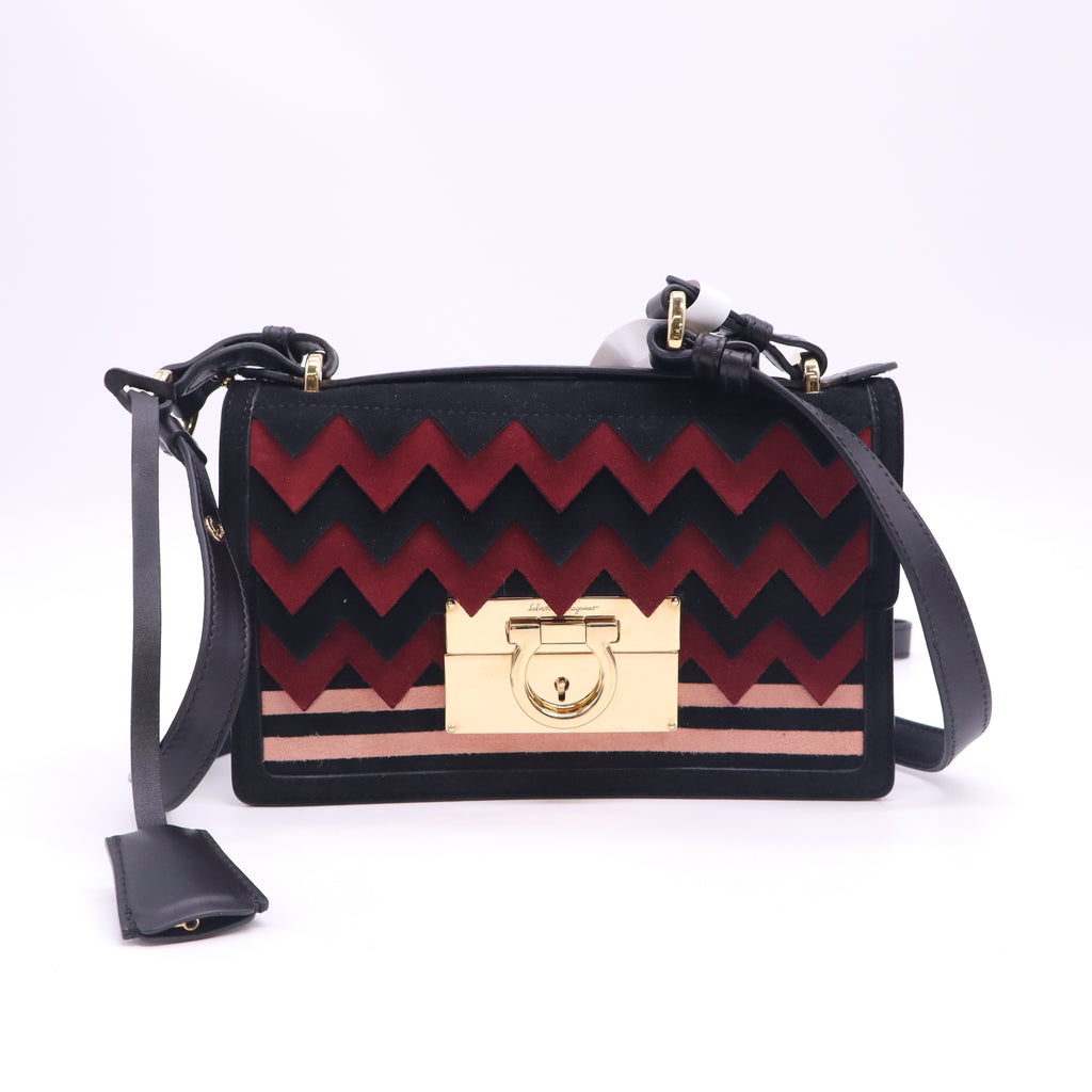 Salvatore Ferragamo Aileen Multicolor Suede Zig-Zag Shoulder Bag B24259