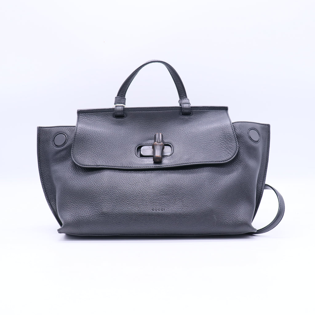 Gucci Pebbled Calfskin Large Bamboo Daily Top Handle Bag Black twins B21218