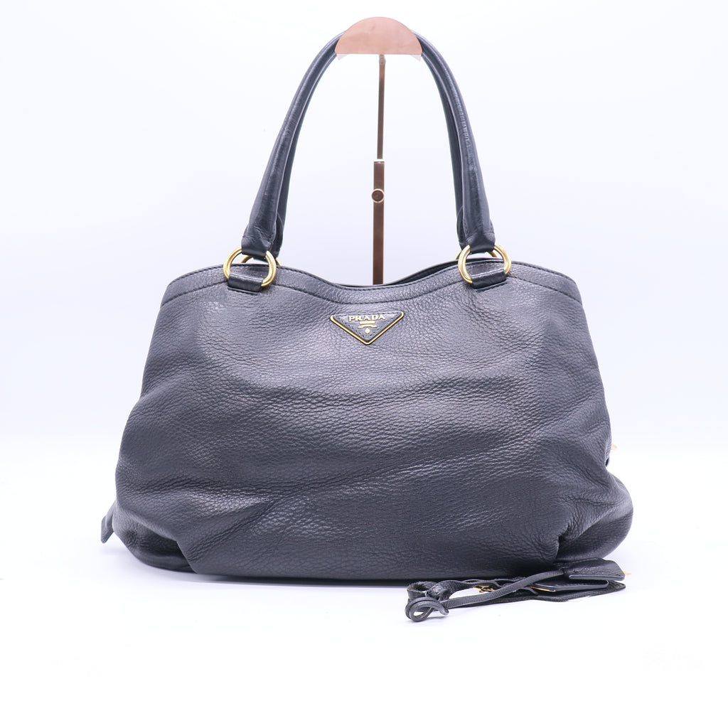 Prada Black Vitello Daino Leather Tote Bag twins B21366