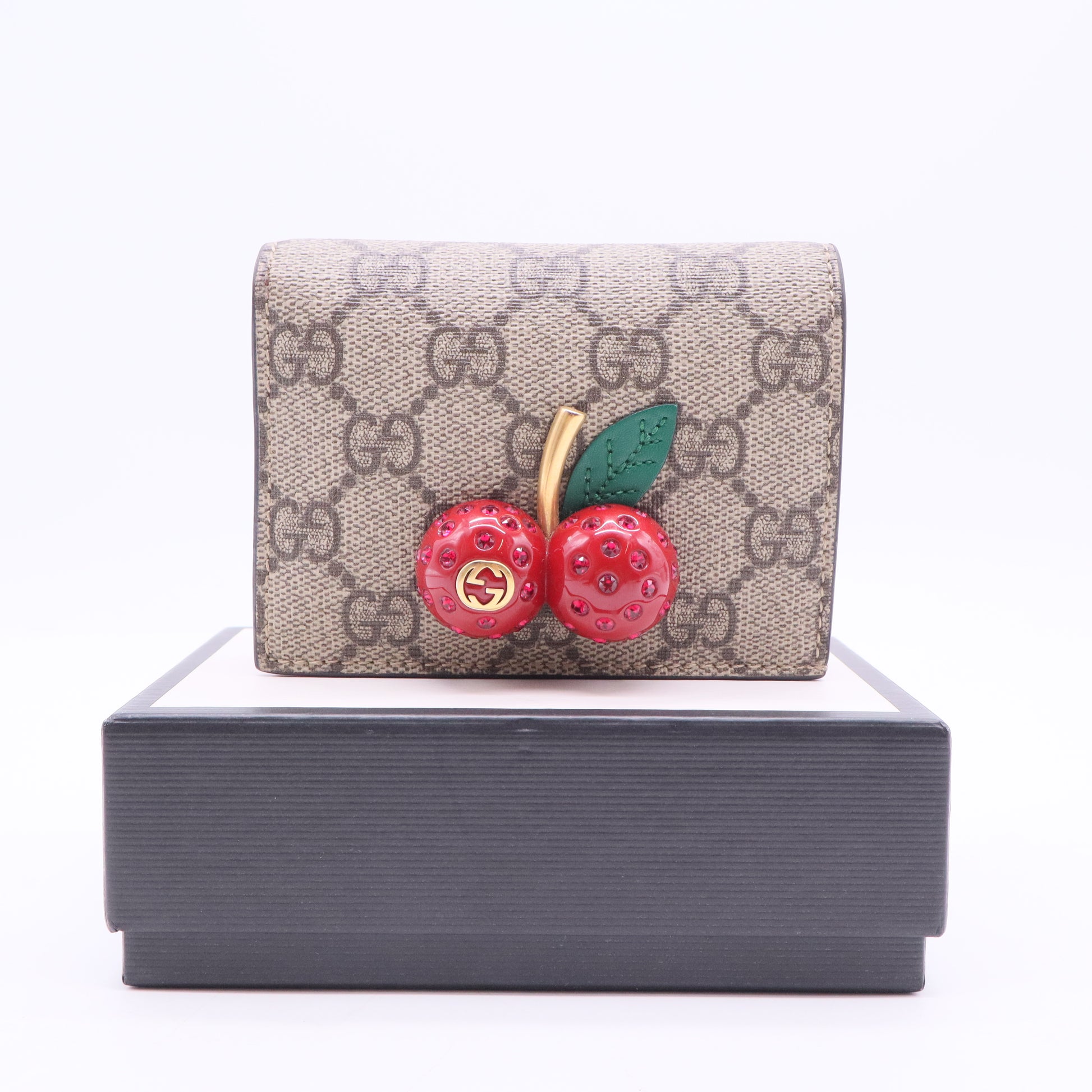 GG Supreme Monogram Cherry Embellished Card Case Wallet Hibiscus Red twins