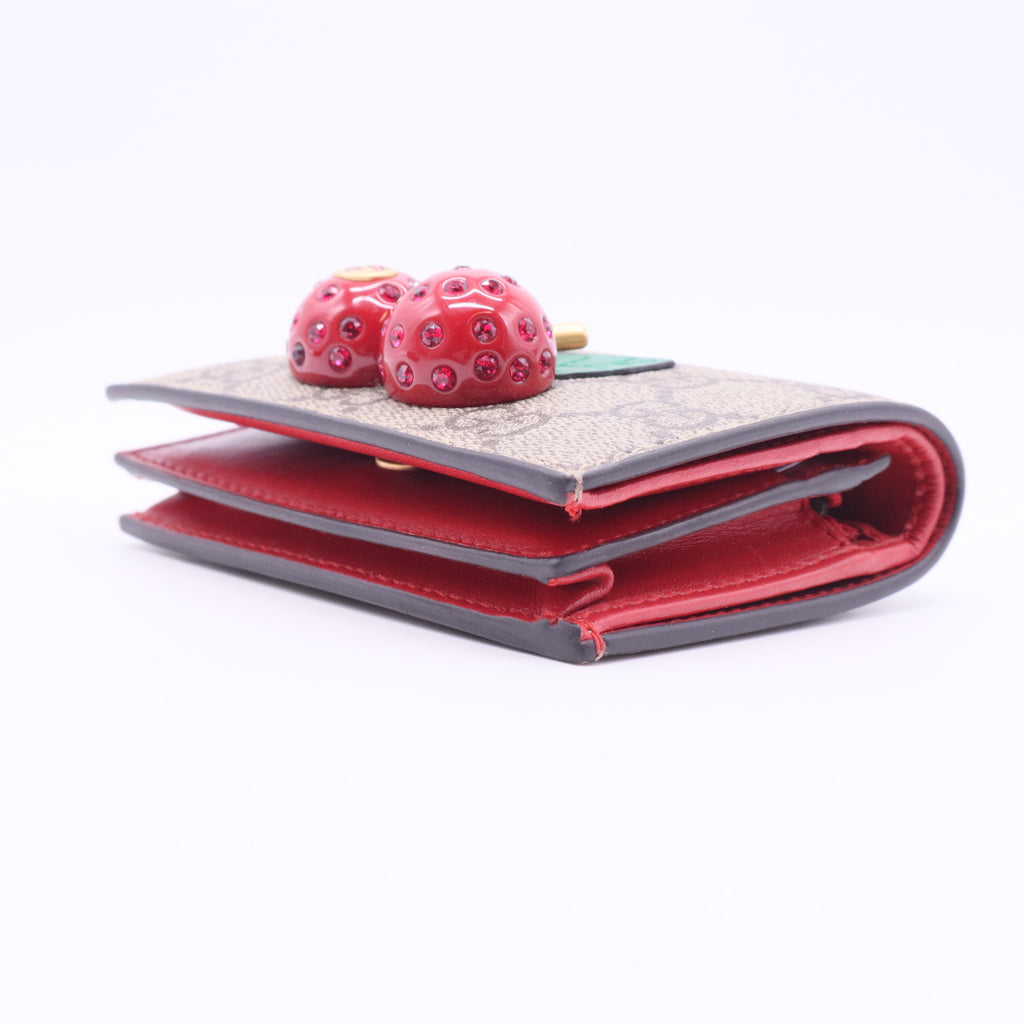 GG Supreme Monogram Cherry Embellished Card Case Wallet Hibiscus Red twins