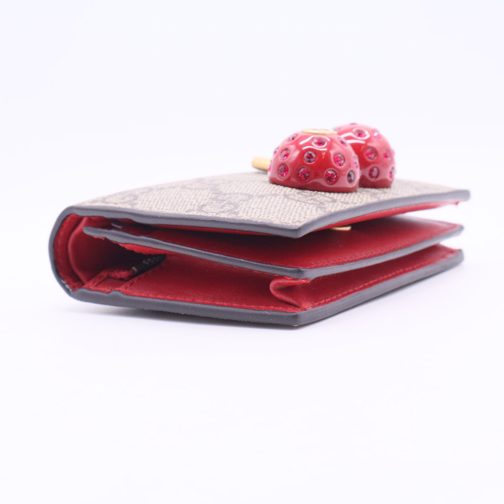 GG Supreme Monogram Cherry Embellished Card Case Wallet Hibiscus Red twins