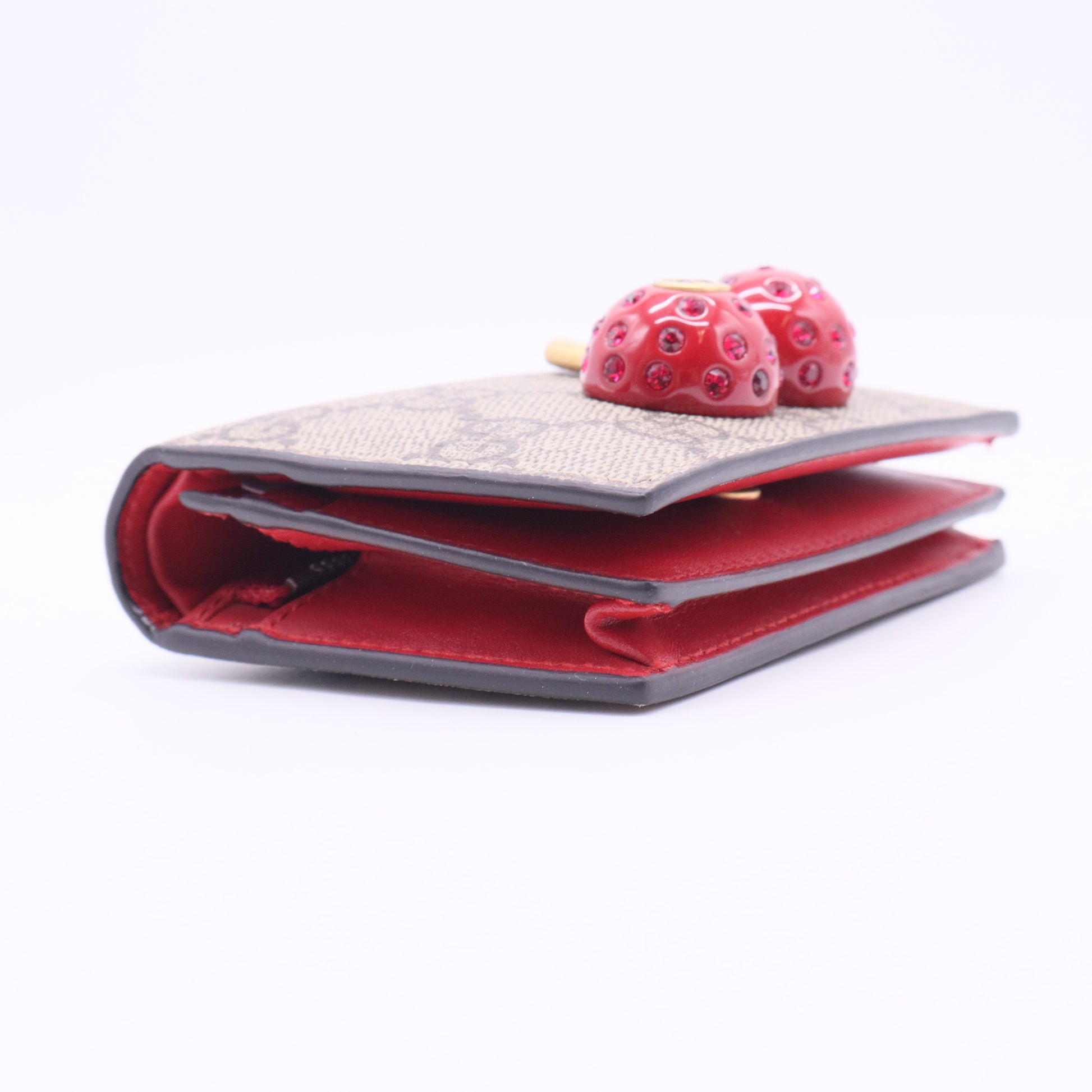 GG Supreme Monogram Cherry Embellished Card Case Wallet Hibiscus Red twins