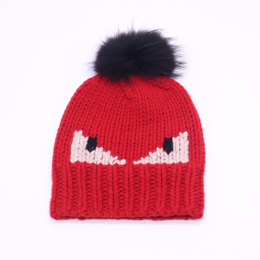 Fendi Bag Bugs Monster Knit Fur-Pom Beanie W23395