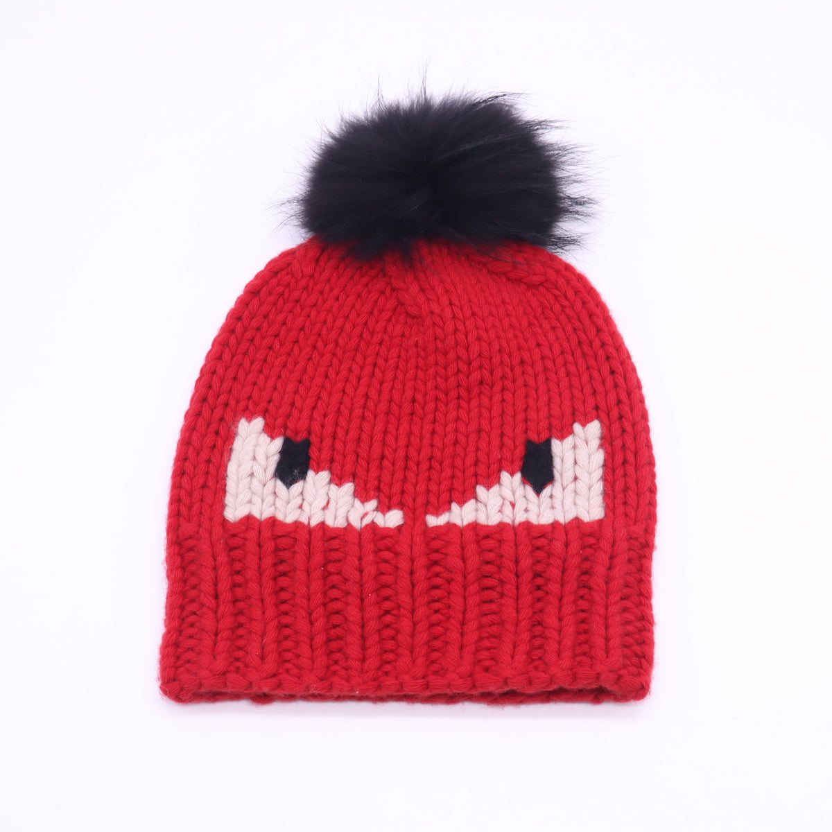 Fendi Bag Bugs Monster Knit Fur-Pom Beanie W23395