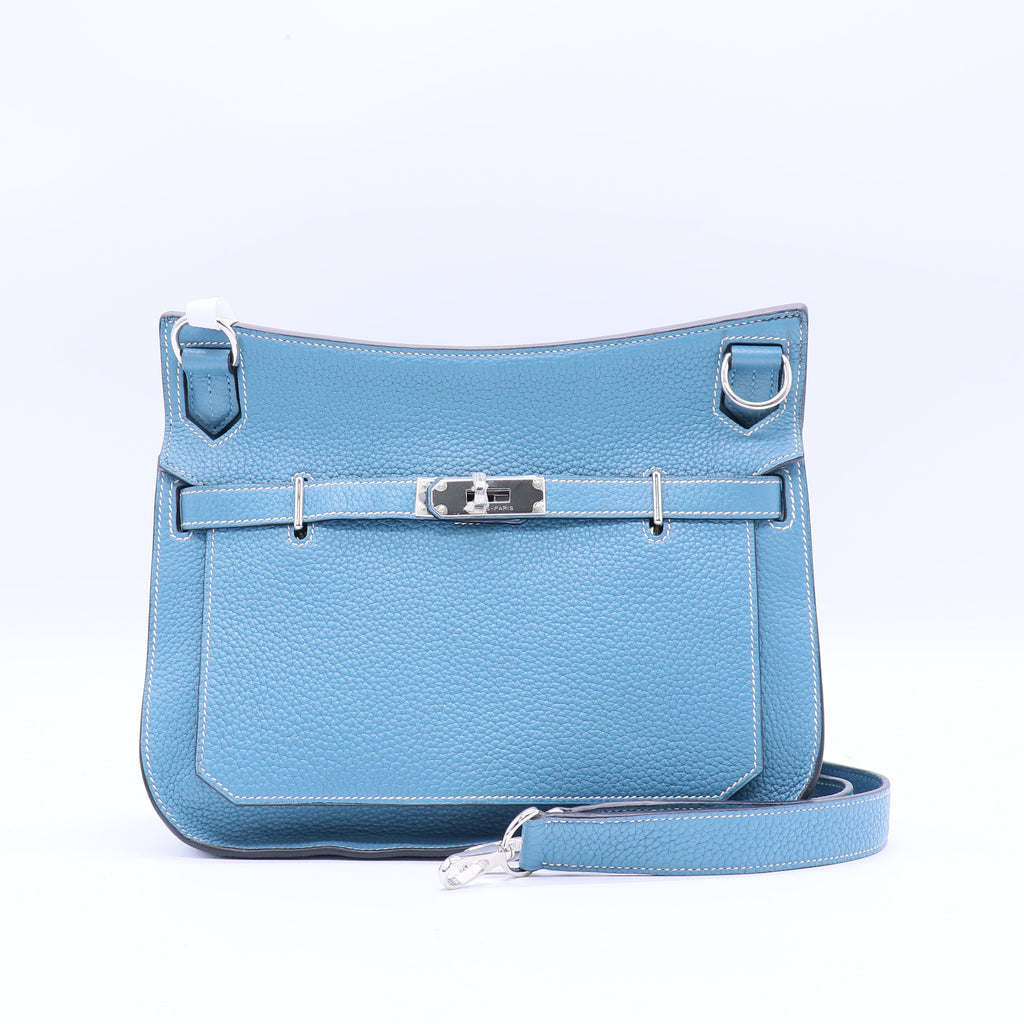 Hermes 28cm Blue Jean Clemence Leather Palladium Plated Jypsiere Bag twins B21395