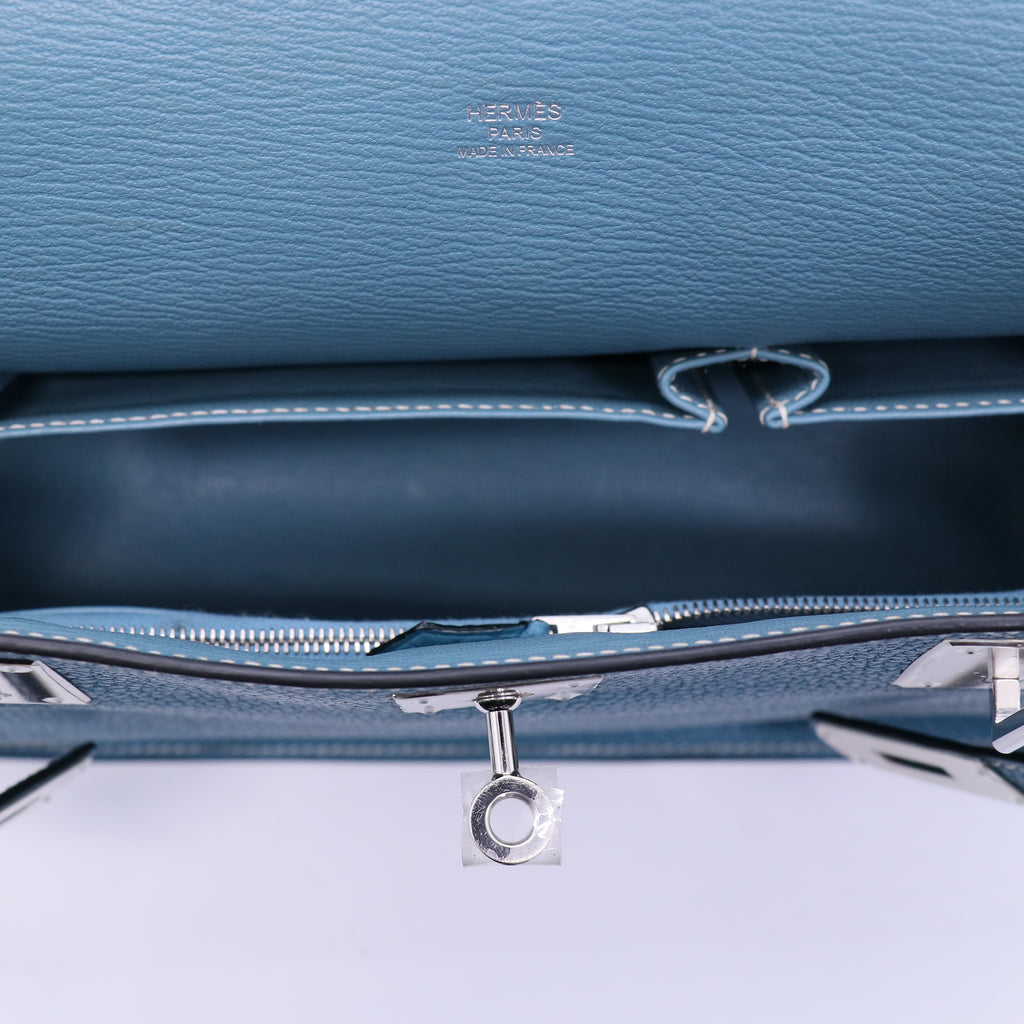 Hermes 28cm Blue Jean Clemence Leather Palladium Plated Jypsiere Bag twins B21395