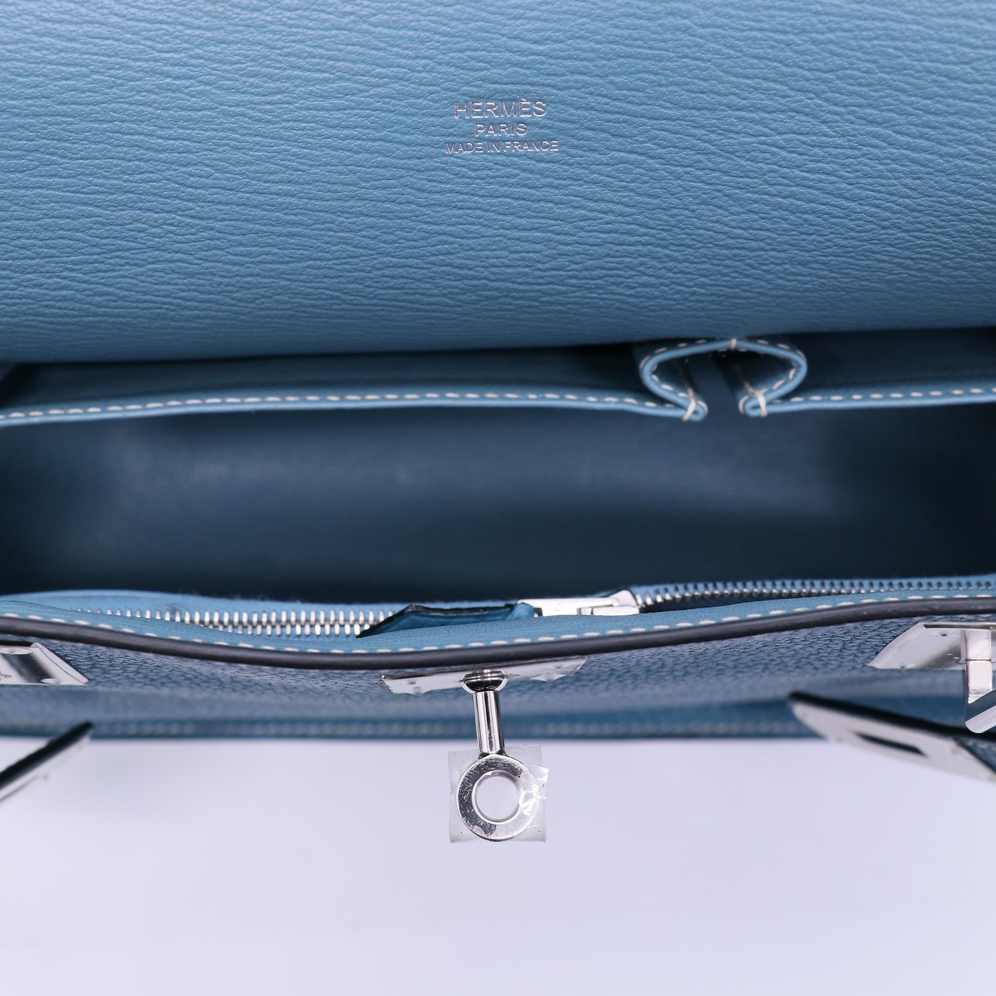 Hermes 28cm Blue Jean Clemence Leather Palladium Plated Jypsiere Bag twins B21395