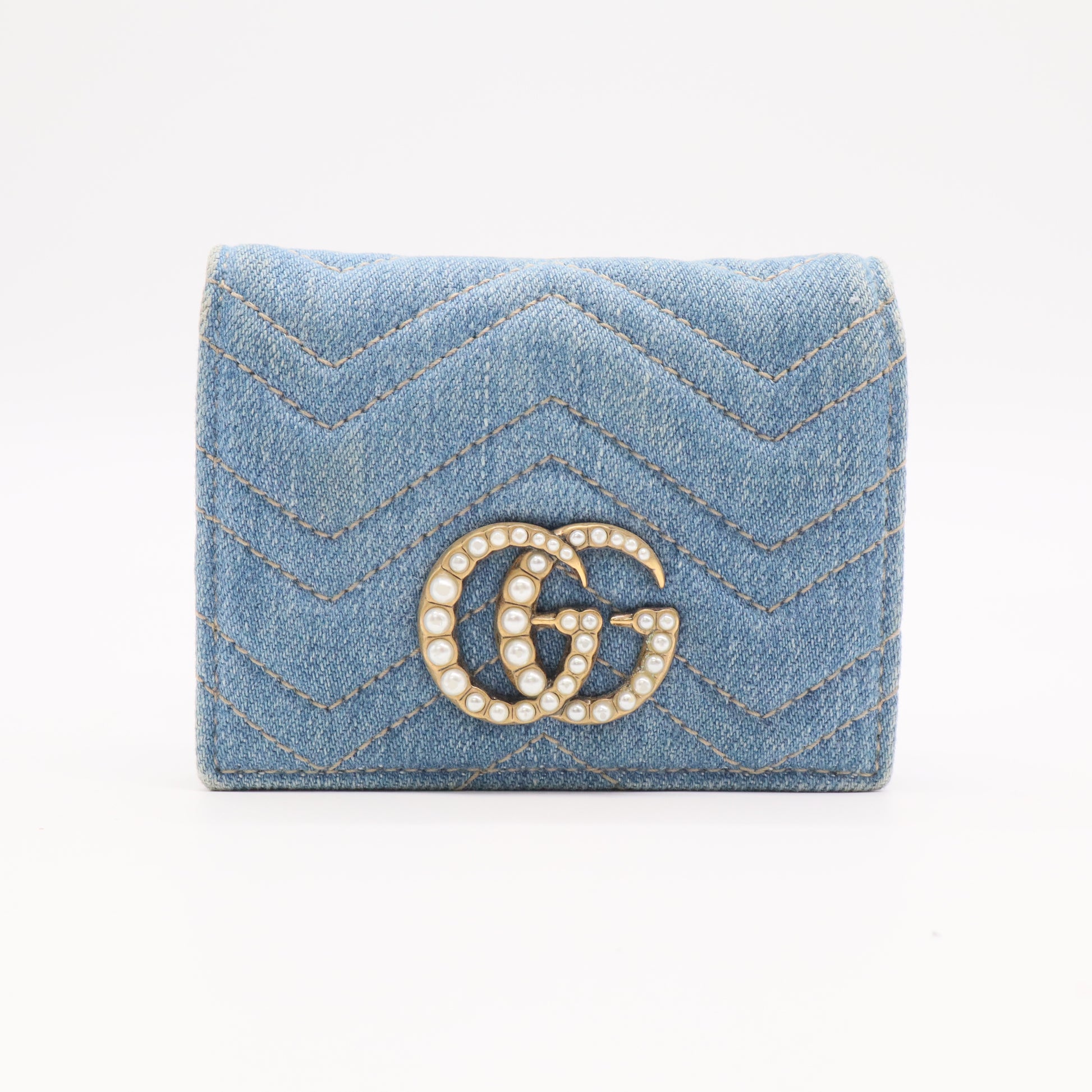 Gucci Limited Edition Japan Blue Quilted Denim Pearl GG Marmont Small Flap Wallet LDJ2299 twins