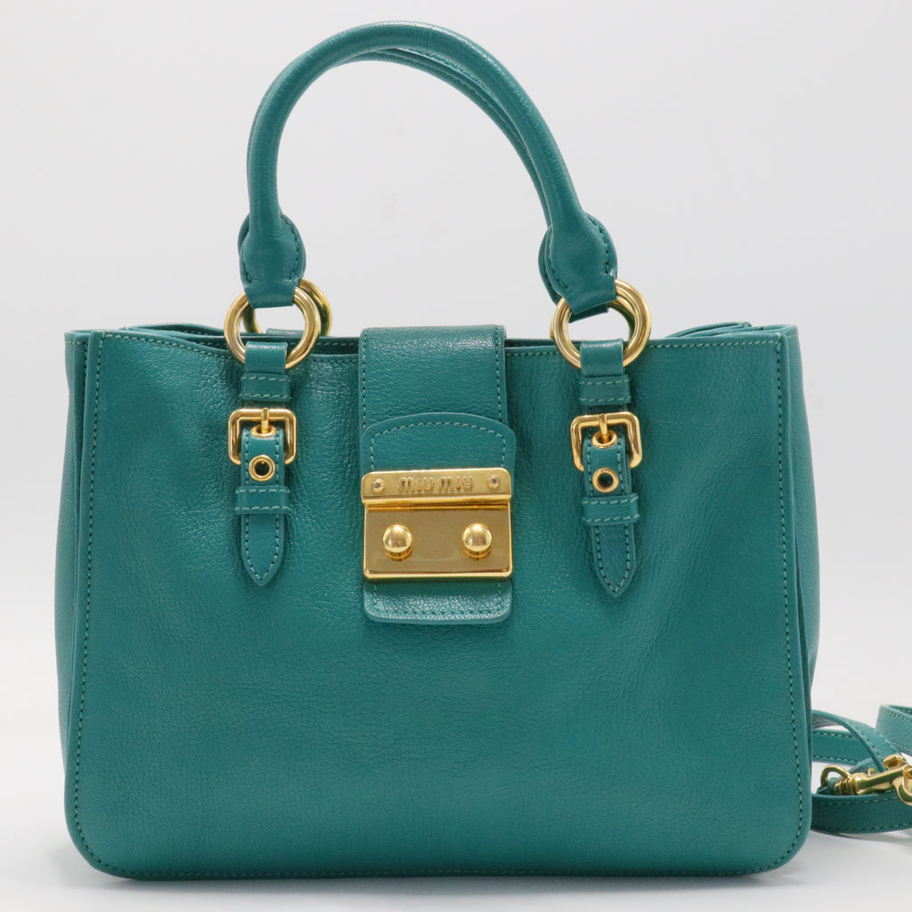 Miu Miu Blue Leather Madras Top Handle Bag