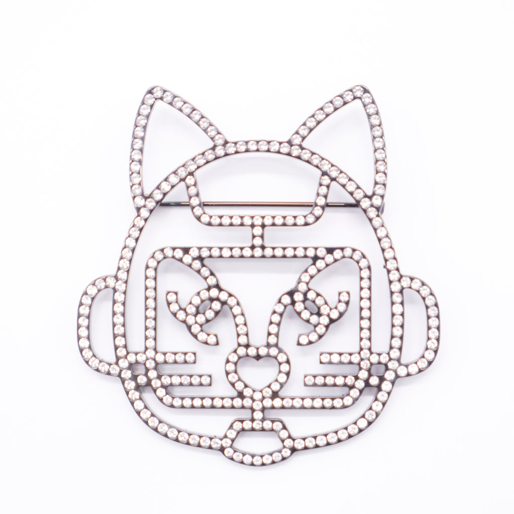 Strass Crystal Emoji Robot Cat Brooch Black Silver