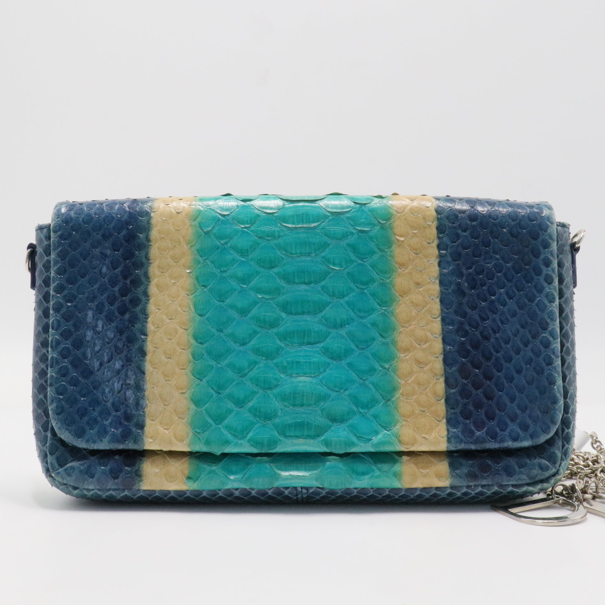 Blue Multicolor Python Snakeskin Chain Clutch Bag