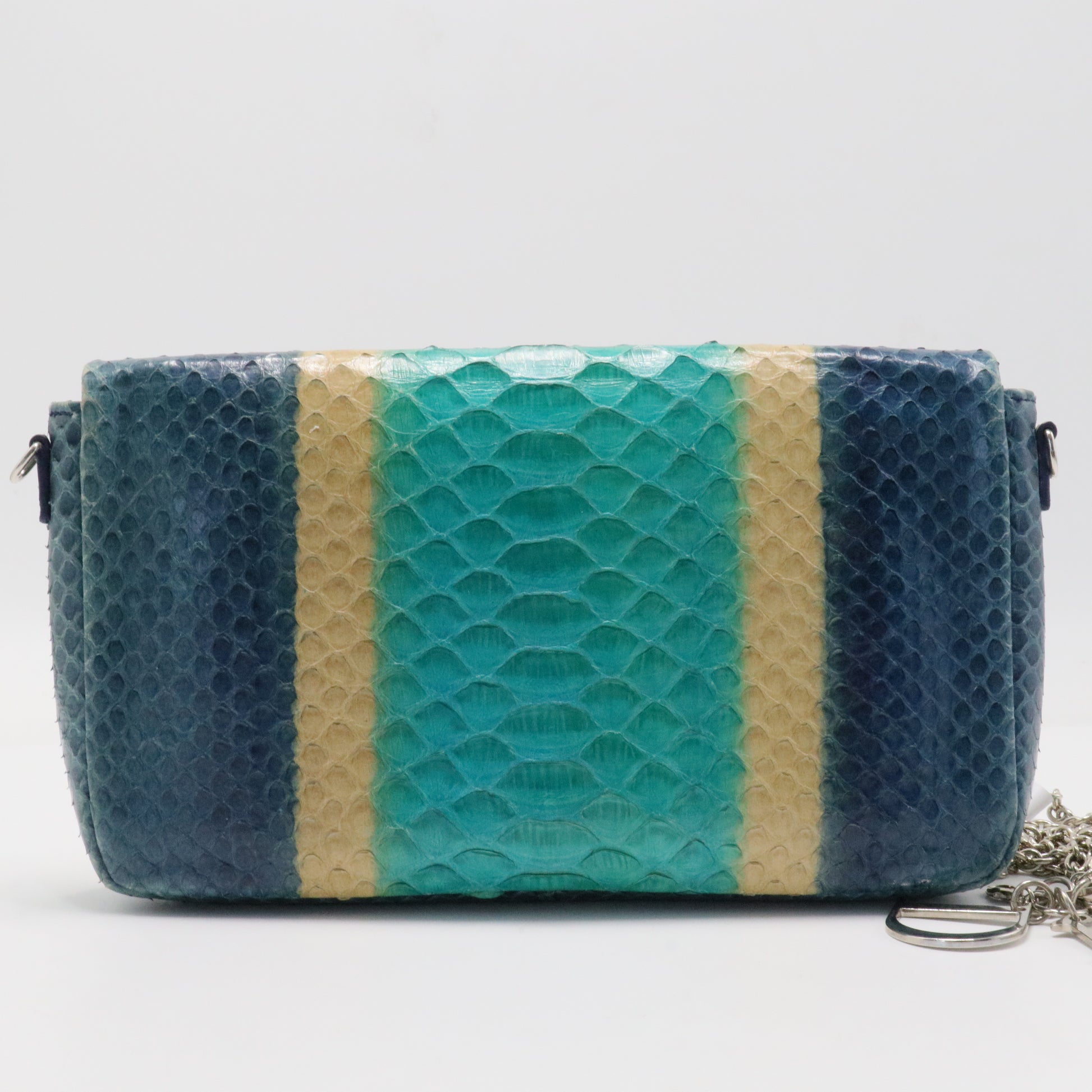 Blue Multicolor Python Snakeskin Chain Clutch Bag