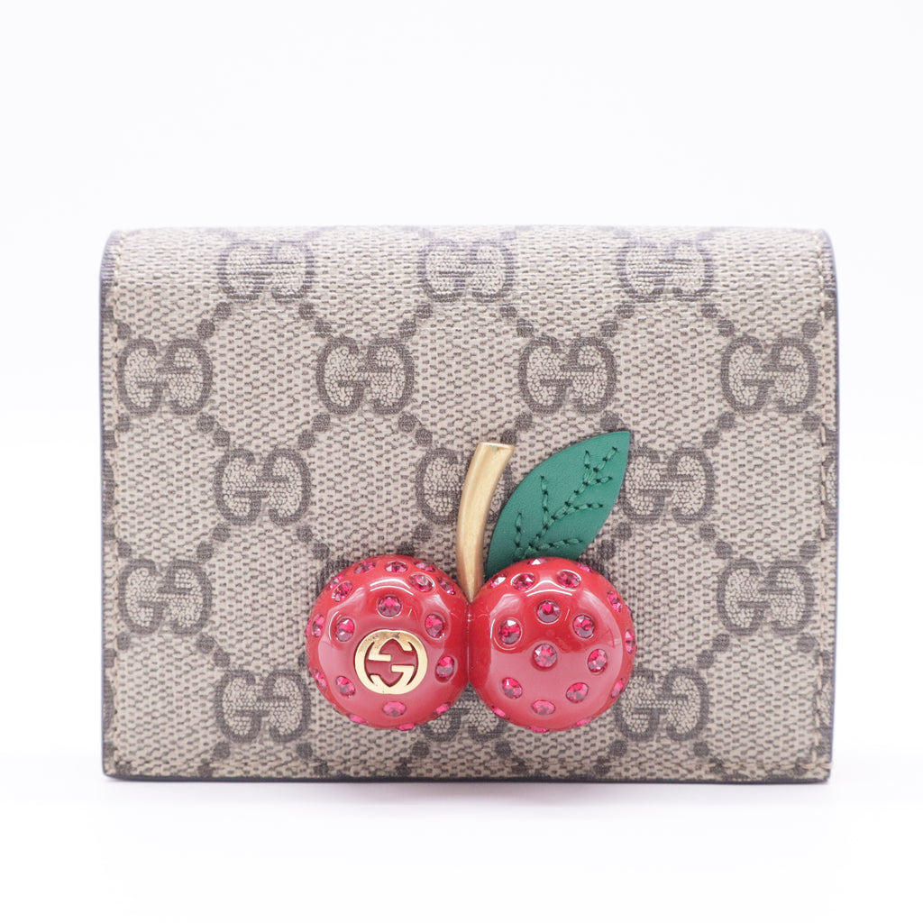 GG Supreme Monogram Cherry Embellished Card Case Wallet