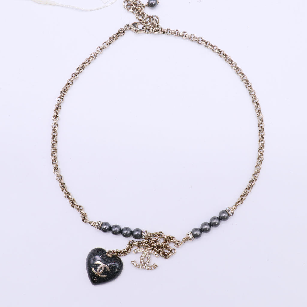 Chanel Black and Silver CC Crystal Heart Pendant Necklace Twins LDJ4542