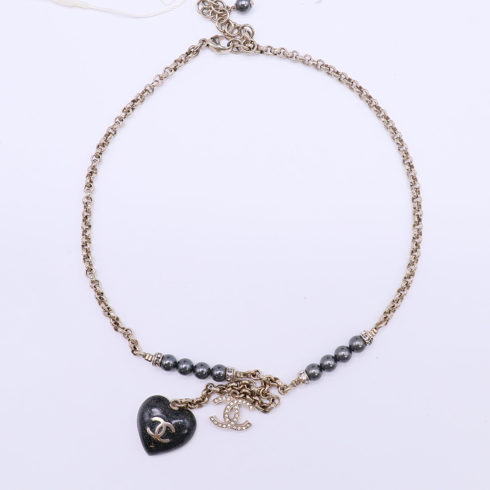 Chanel Black and Silver CC Crystal Heart Pendant Necklace Twins LDJ4542