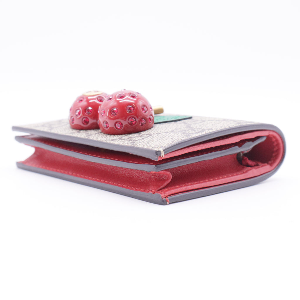 GG Supreme Monogram Cherry Embellished Card Case Wallet