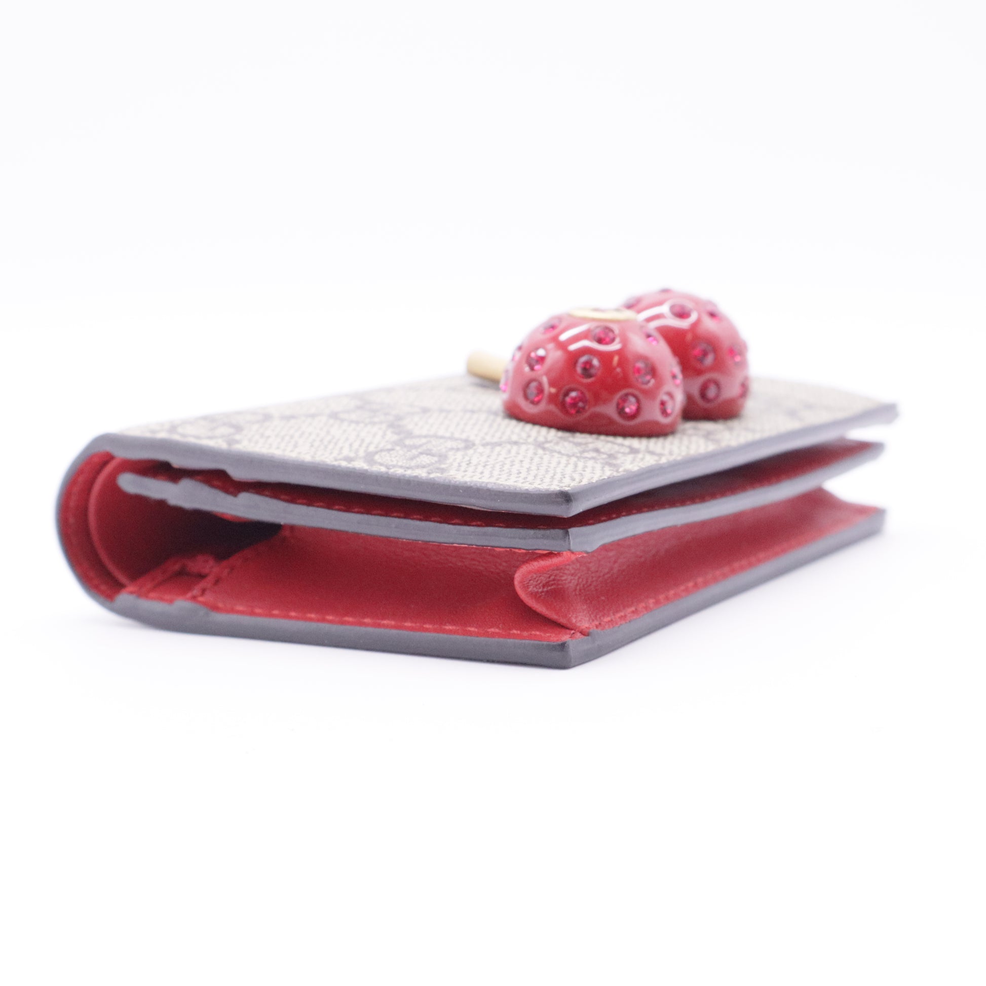 GG Supreme Monogram Cherry Embellished Card Case Wallet