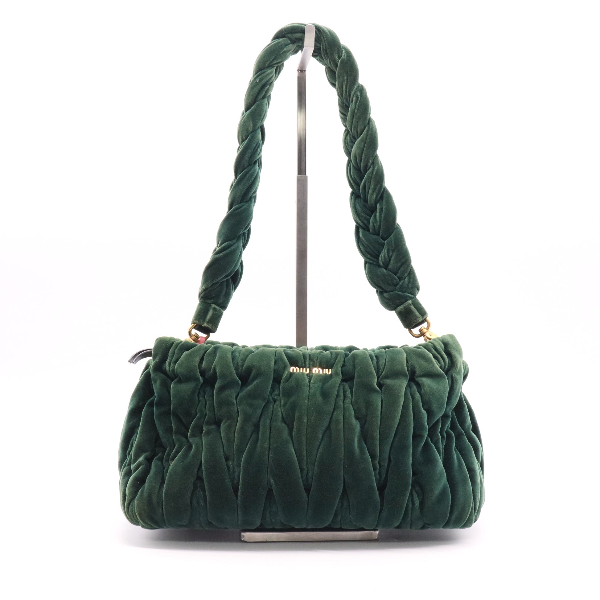 Miu Miu Matelassé Velvet Shoulder Bag In Emerald Green Twins