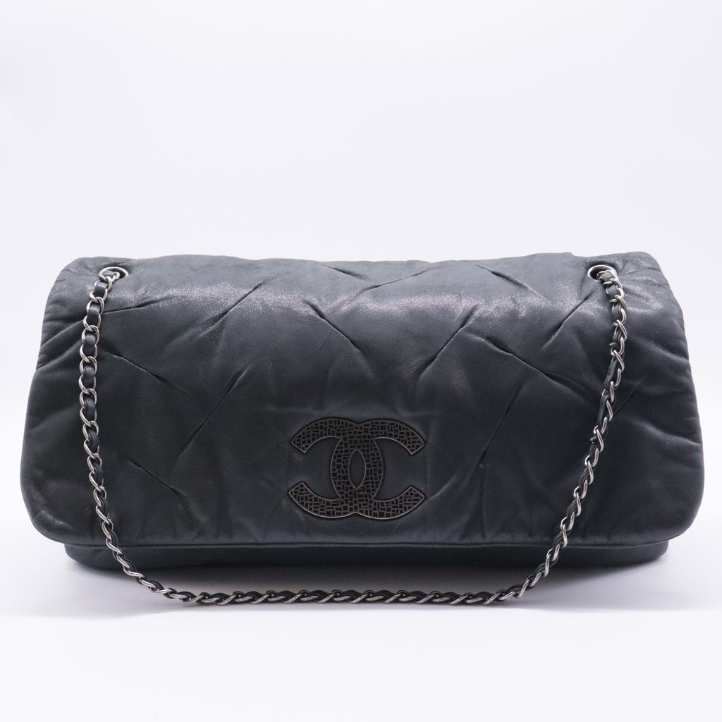 Black Glazed Leather Flap Bag
