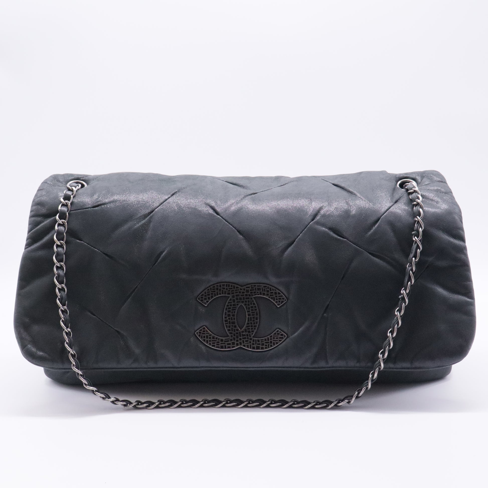 Black Glazed Leather Flap Bag
